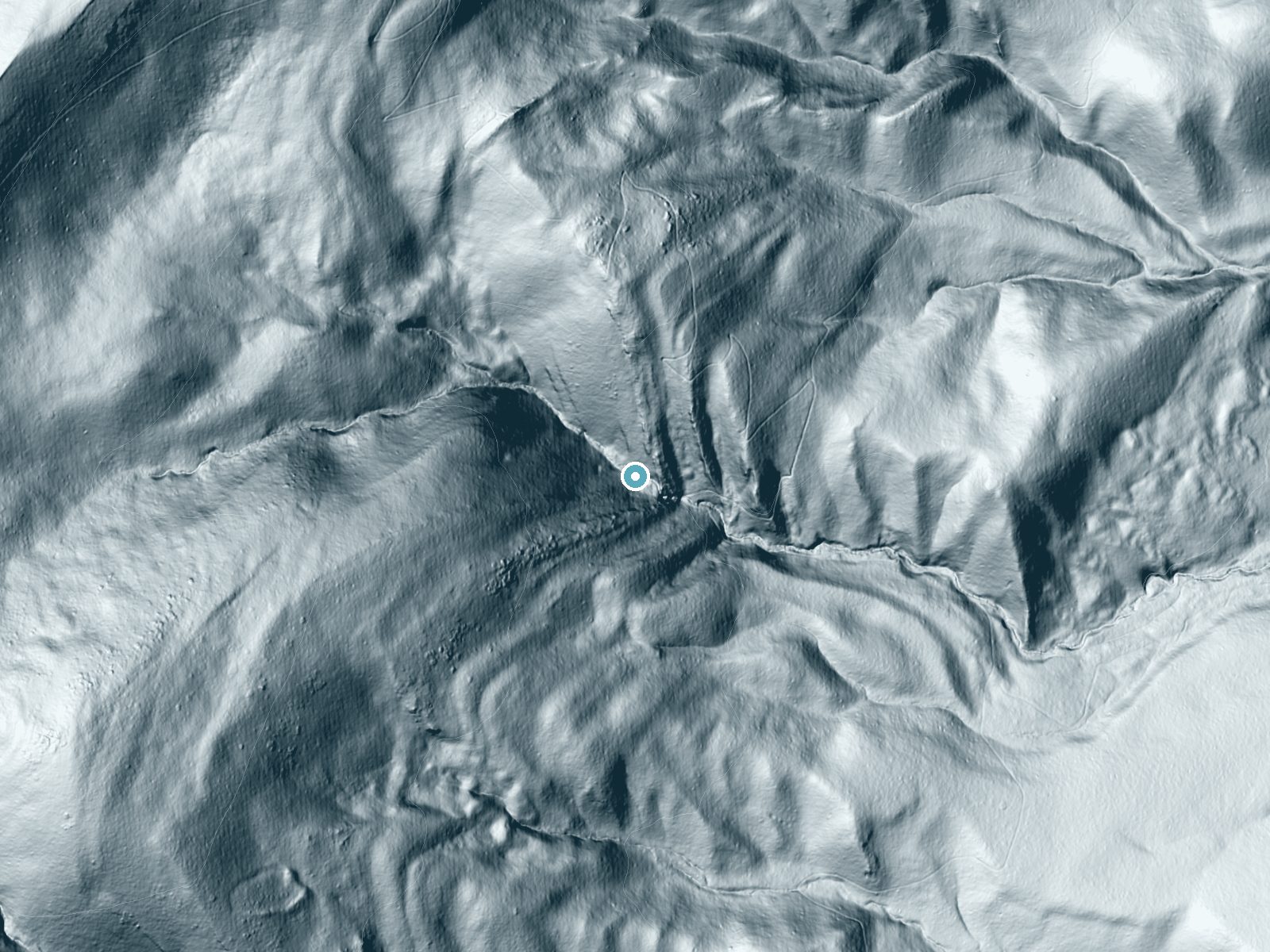 LiDAR bare-earth terrain around Blue Suck Falls near Clifton Forge, Virginia, showing about 204 feet of drop, a steep tiered drop, facing east