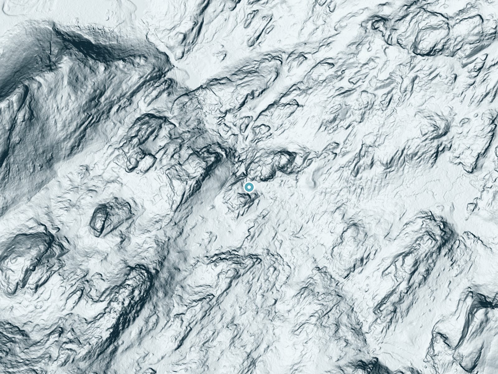 LiDAR bare-earth terrain around Tuolumne Falls near Yosemite Valley, California, showing about 138 feet of drop, a steep tiered drop, facing northwest