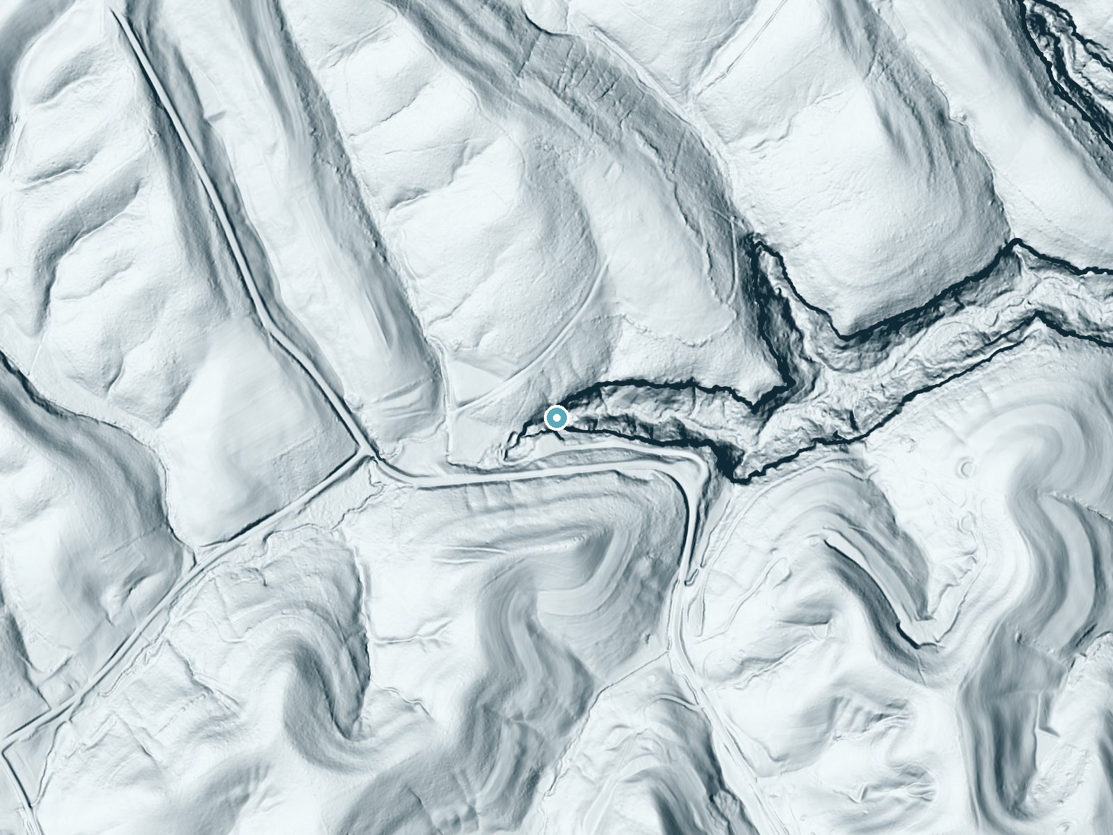 LiDAR bare-earth terrain around Broken Leg Falls near Ezel, Kentucky, showing about 144 feet of drop, a single sheer drop, facing east