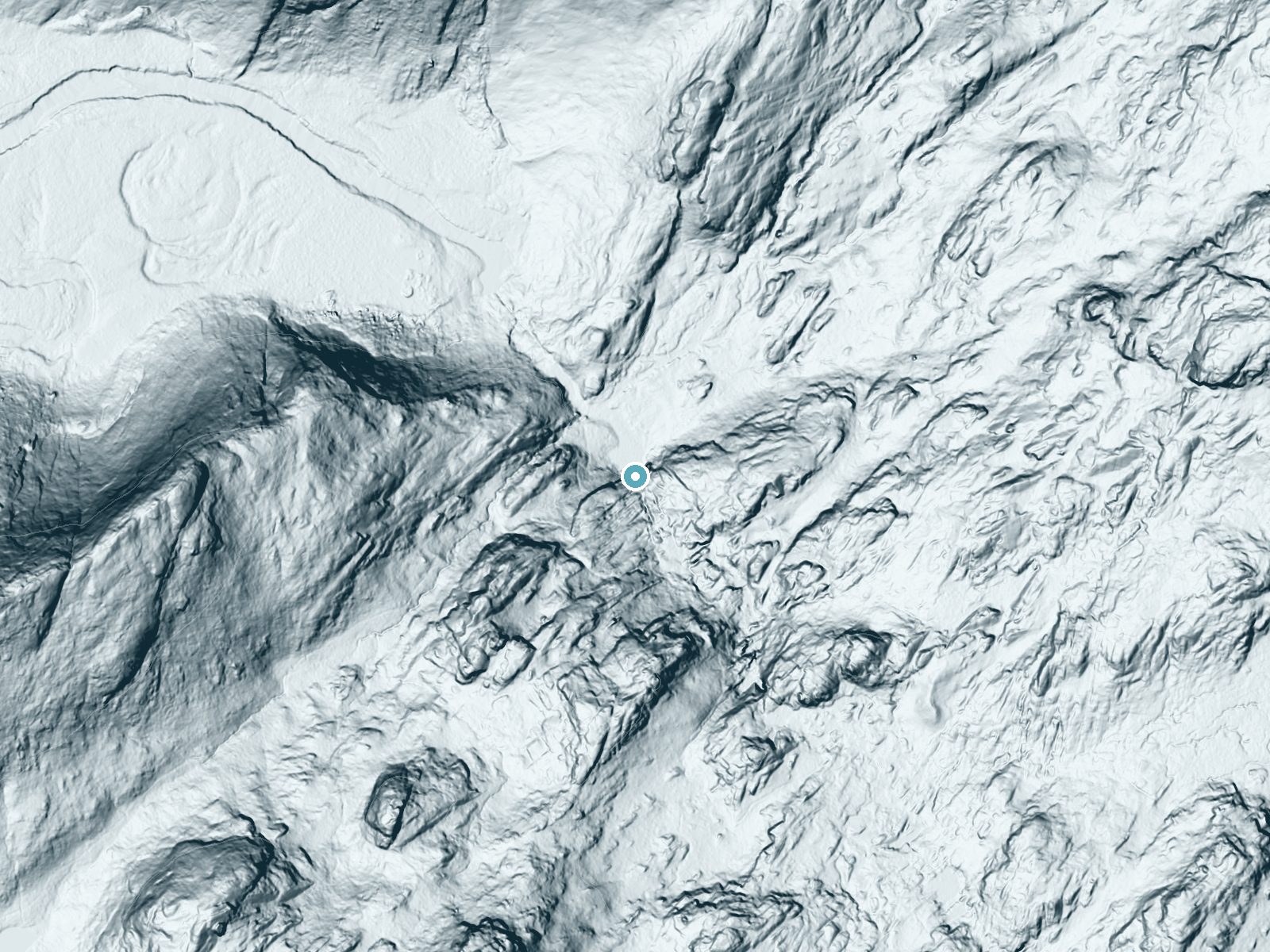 LiDAR bare-earth terrain around White Cascade near Lee Vining, California, showing about 126 feet of drop, a steep tiered drop, facing north