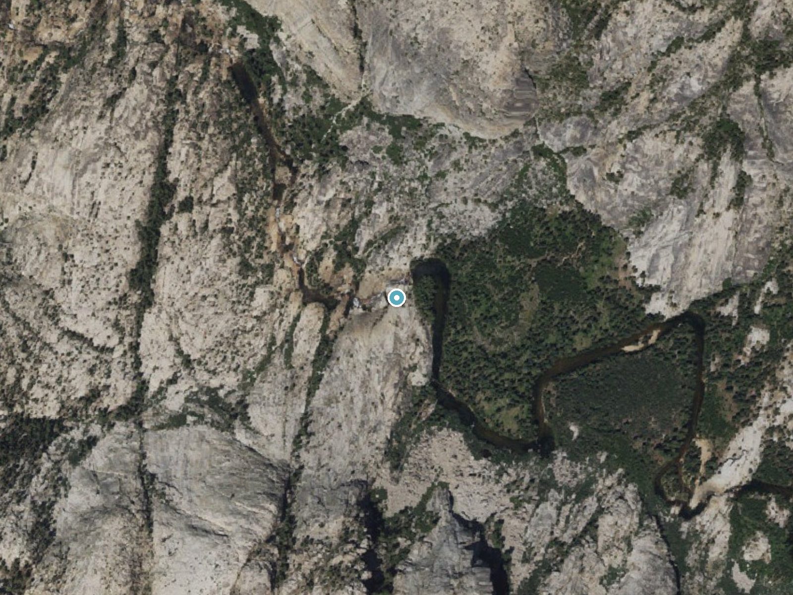 Aerial photo of the same ground around California Falls near Yosemite Valley, California, for comparison with the lidar view