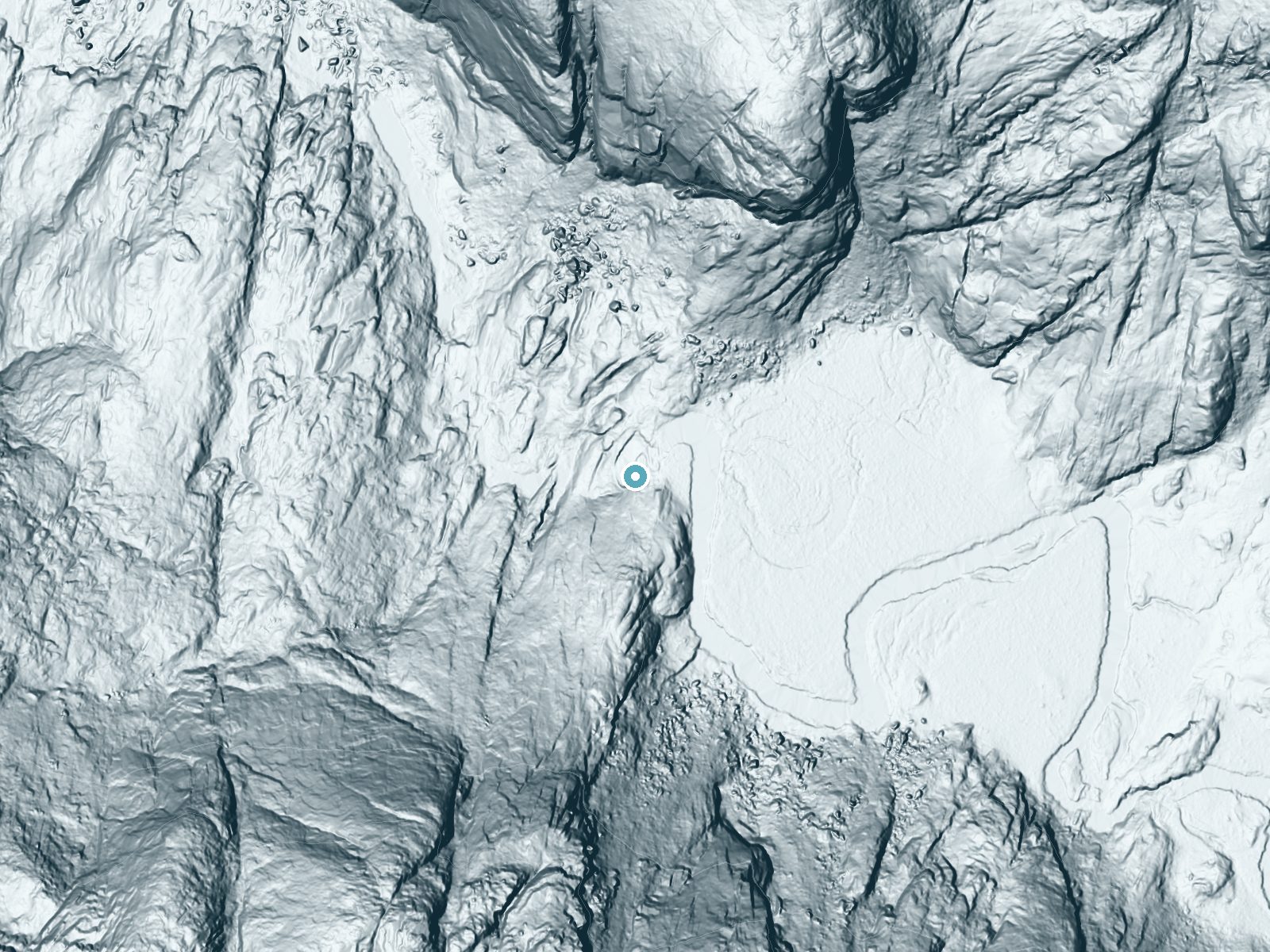 LiDAR bare-earth terrain around California Falls near Yosemite Valley, California, showing about 162 feet of drop, a long cascade, facing northwest