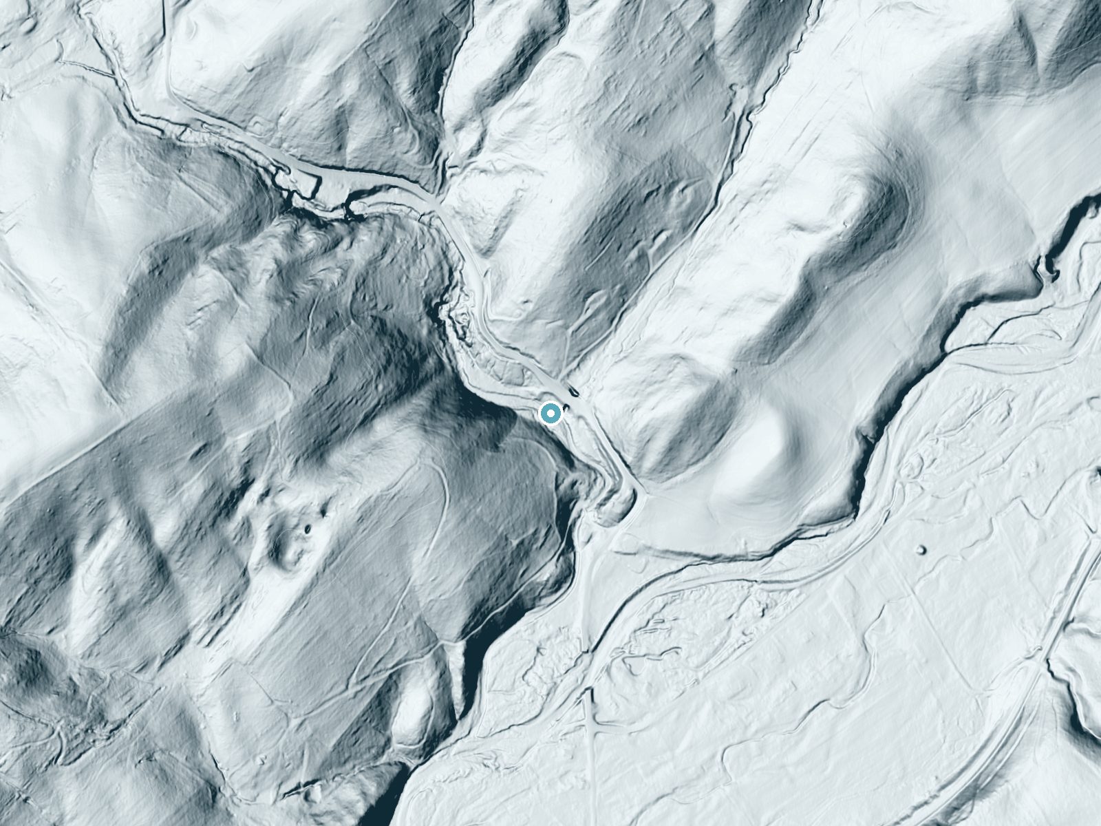 LiDAR bare-earth terrain around Glenn Falls near Fairfield, Virginia, showing about 72 feet of drop, a long cascade, facing east