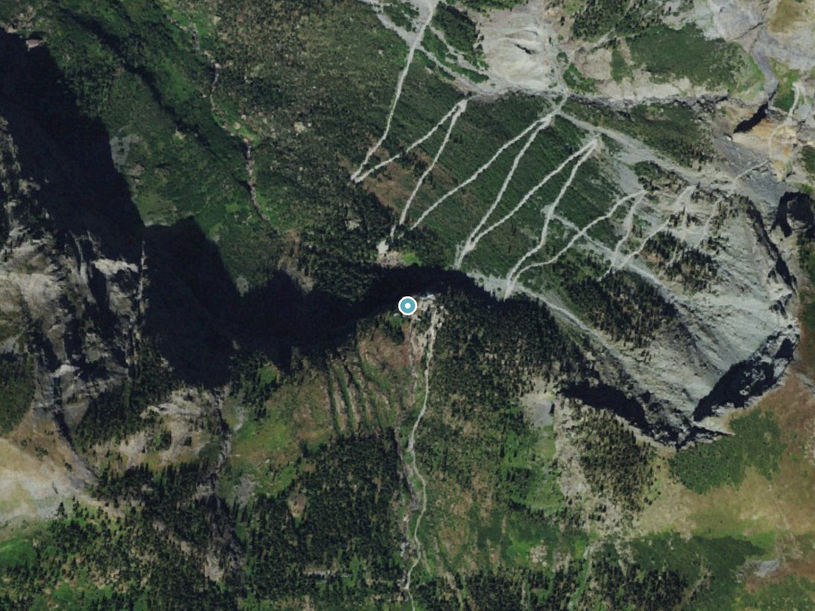 Aerial photo of the same ground around Bridal Veil Falls near Telluride, Colorado, for comparison with the lidar view