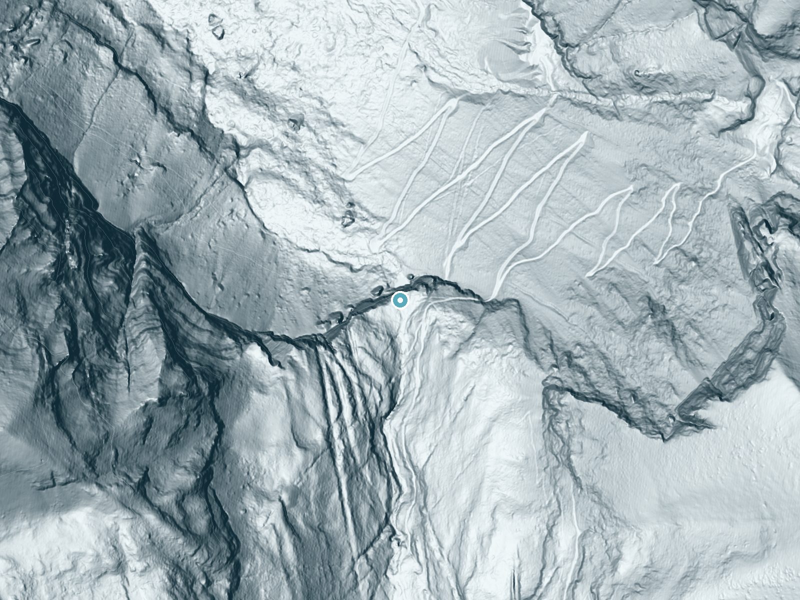 LiDAR bare-earth terrain around Bridal Veil Falls near Telluride, Colorado, showing about 509 feet of drop, a single sheer drop, facing northwest