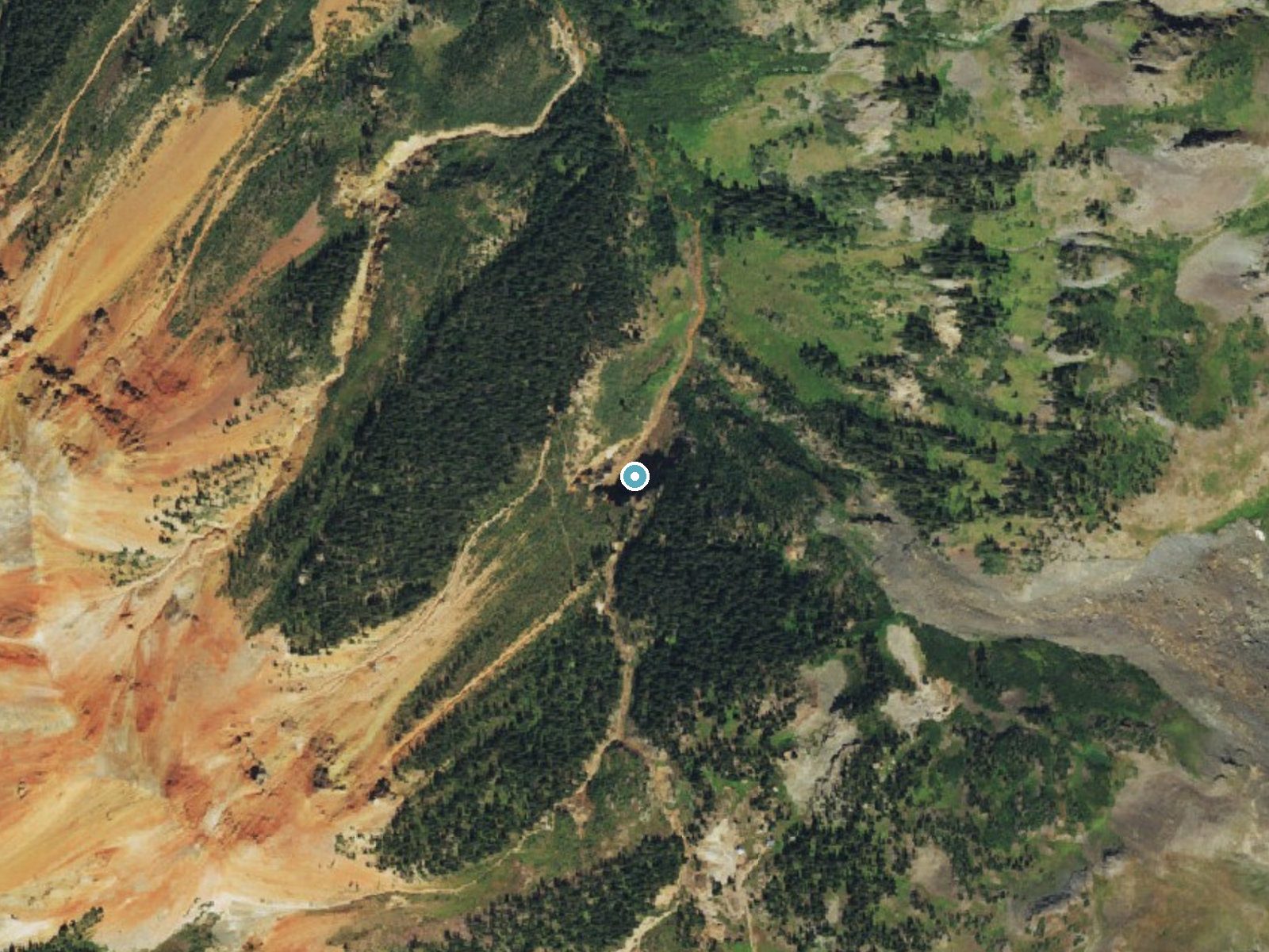 Aerial photo of the same ground around Gray Copper Falls near Silverton, Colorado, for comparison with the lidar view