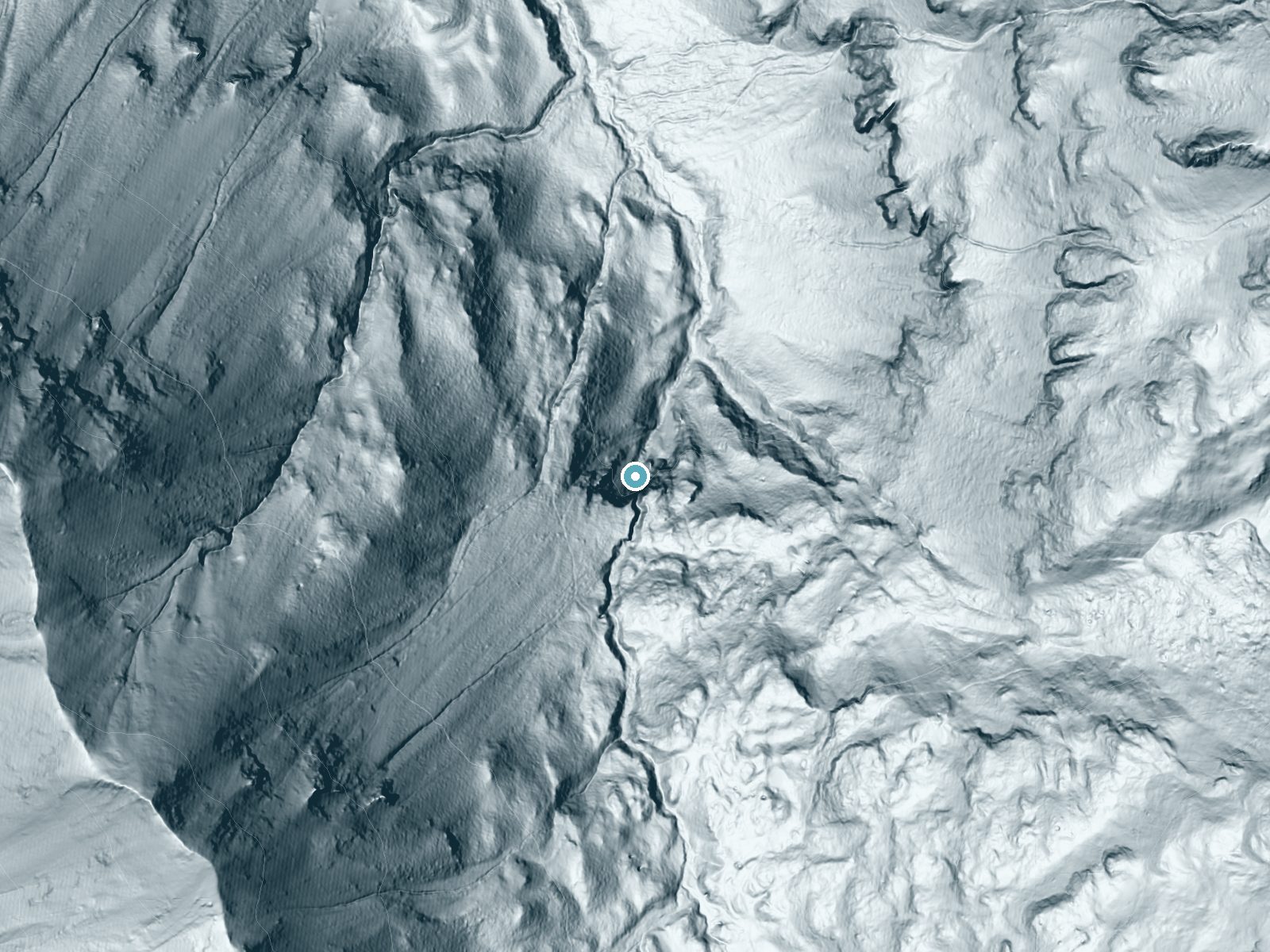 LiDAR bare-earth terrain around Gray Copper Falls near Silverton, Colorado, showing about 336 feet of drop, a single sheer drop, facing north