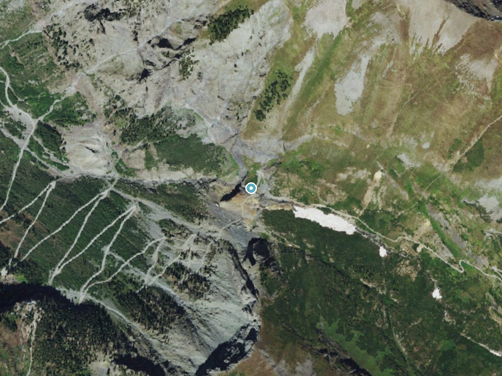 Aerial photo of the same ground around Ingram Falls near Telluride, Colorado, for comparison with the lidar view