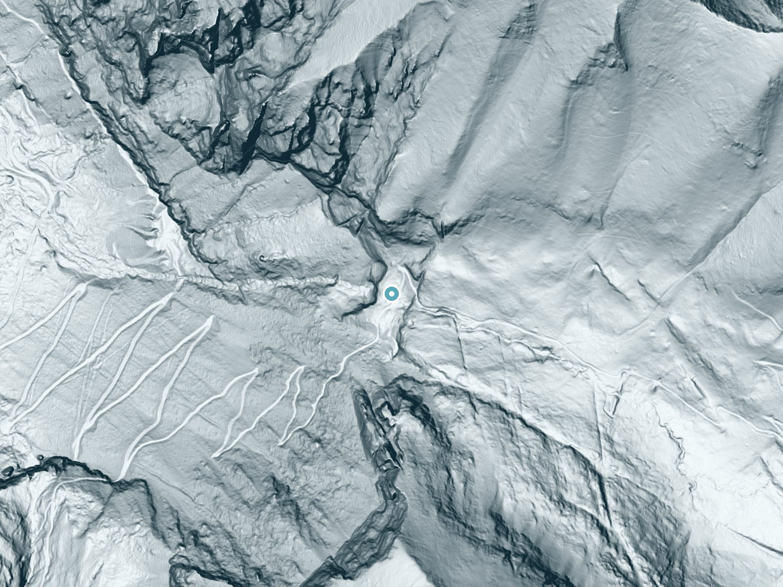 LiDAR bare-earth terrain around Ingram Falls near Telluride, Colorado, showing about 482 feet of drop, a single sheer drop, facing west
