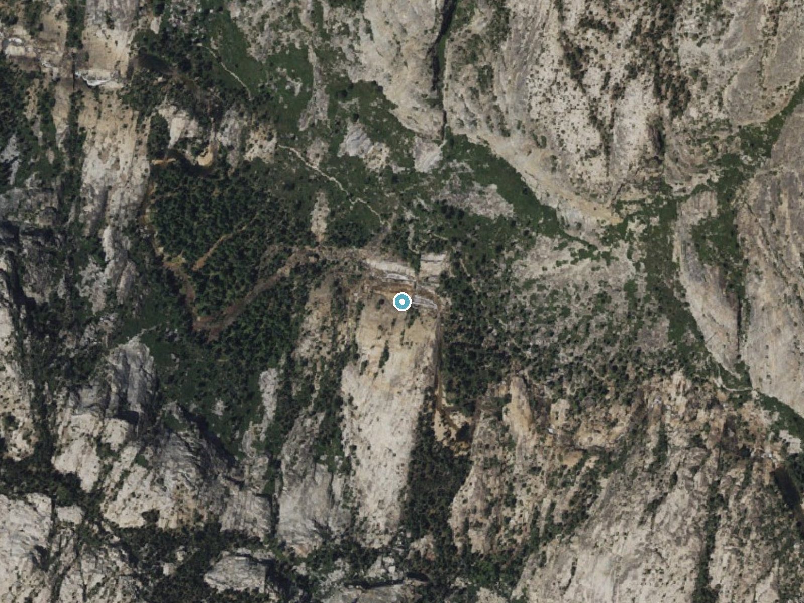 Aerial photo of the same ground around Le Conte Falls near Yosemite Valley, California, for comparison with the lidar view