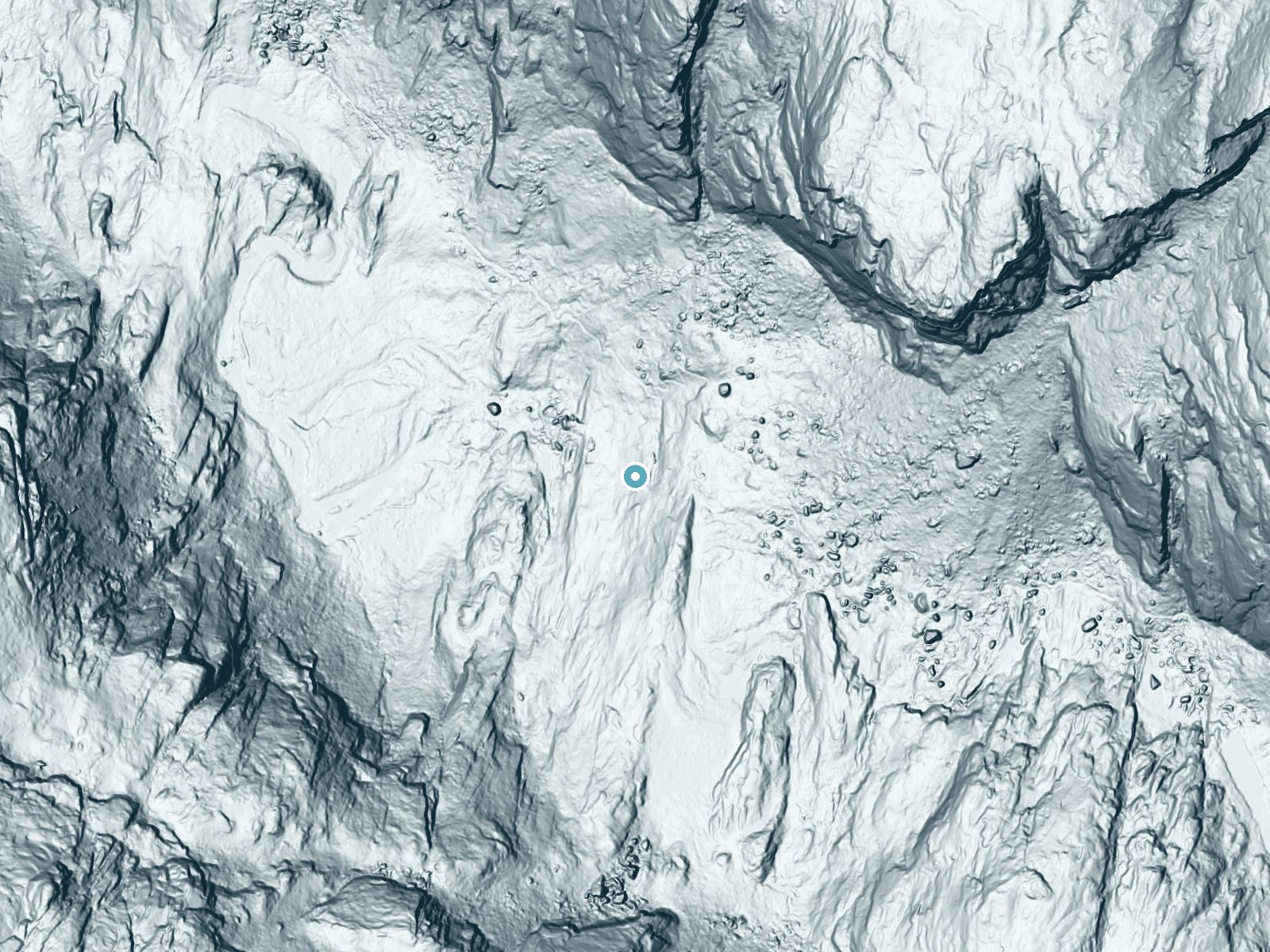 LiDAR bare-earth terrain around Le Conte Falls near Yosemite Valley, California, showing about 225 feet of drop, a steep tiered drop, facing west