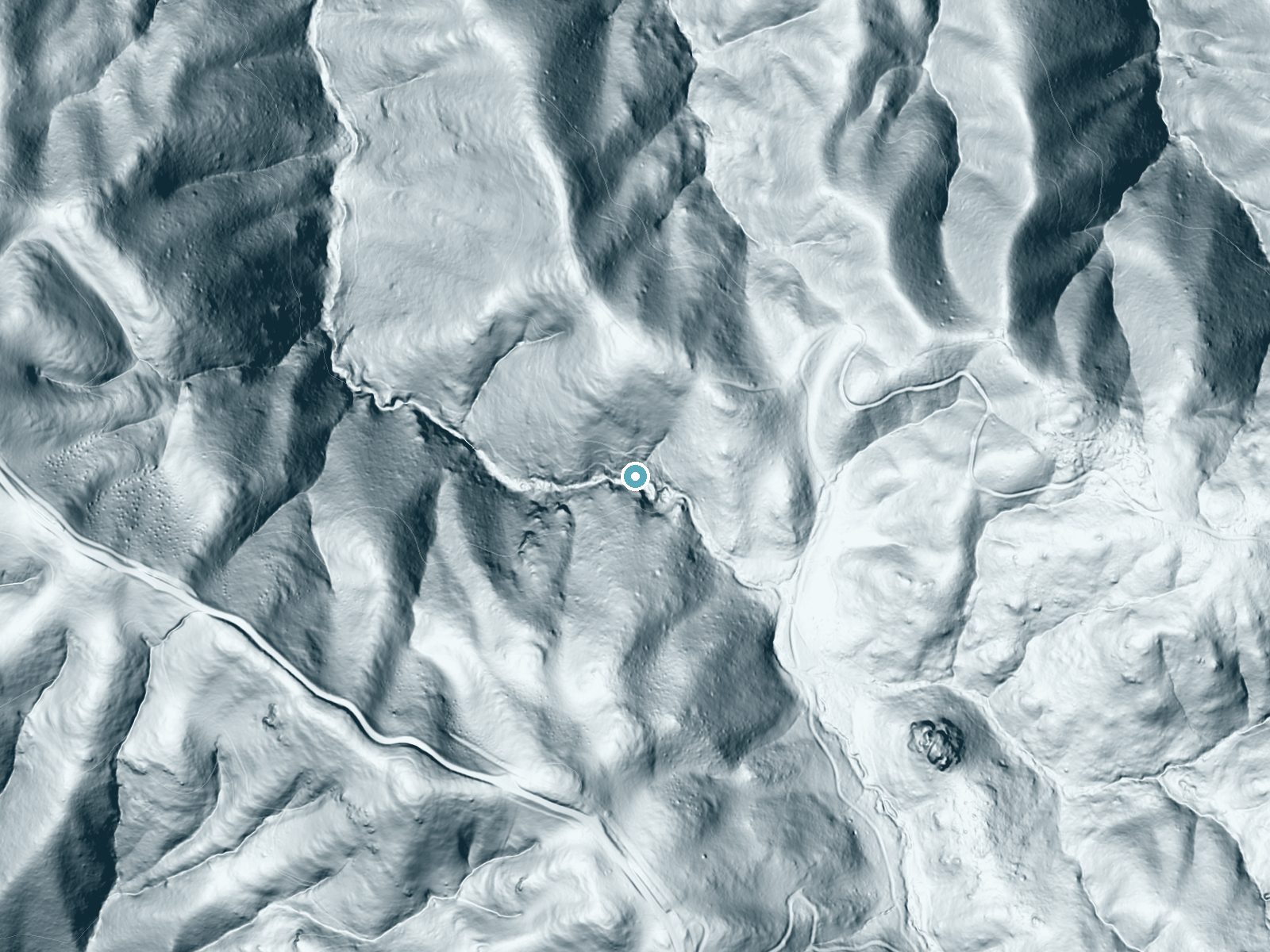 LiDAR bare-earth terrain around Cataract Falls near Stinson Beach, California, showing about 171 feet of drop, a steep tiered drop, facing west