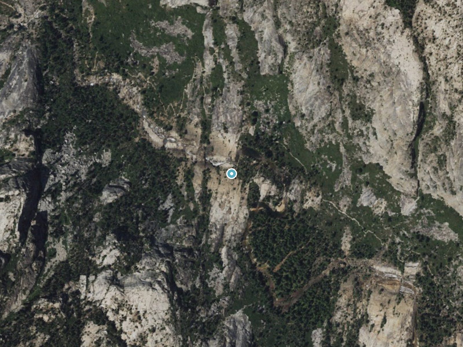Aerial photo of the same ground around Waterwheel Falls near Yosemite Valley, California, for comparison with the lidar view
