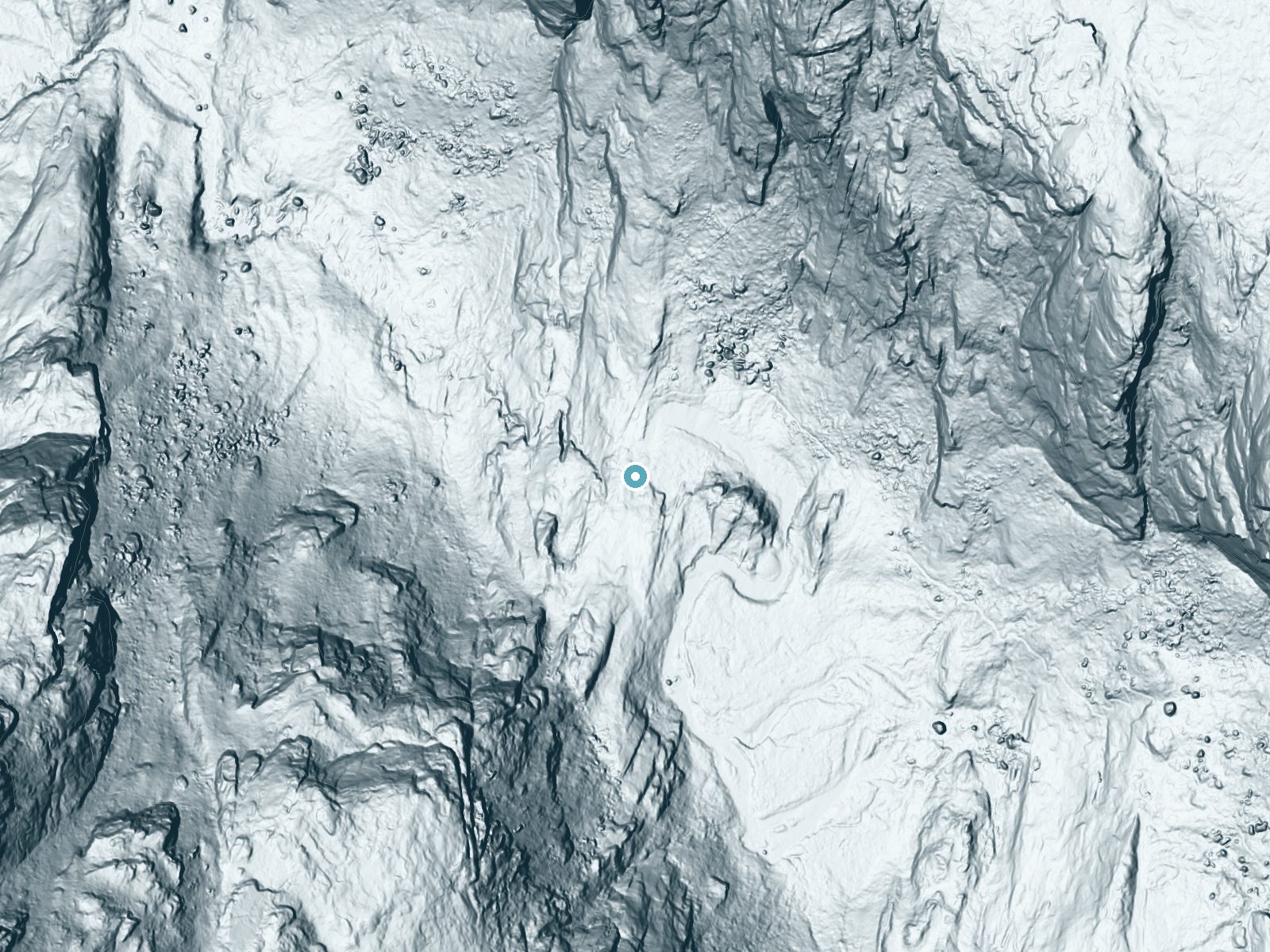 LiDAR bare-earth terrain around Waterwheel Falls near Yosemite Valley, California, showing about 120 feet of drop, a steep tiered drop, facing northwest
