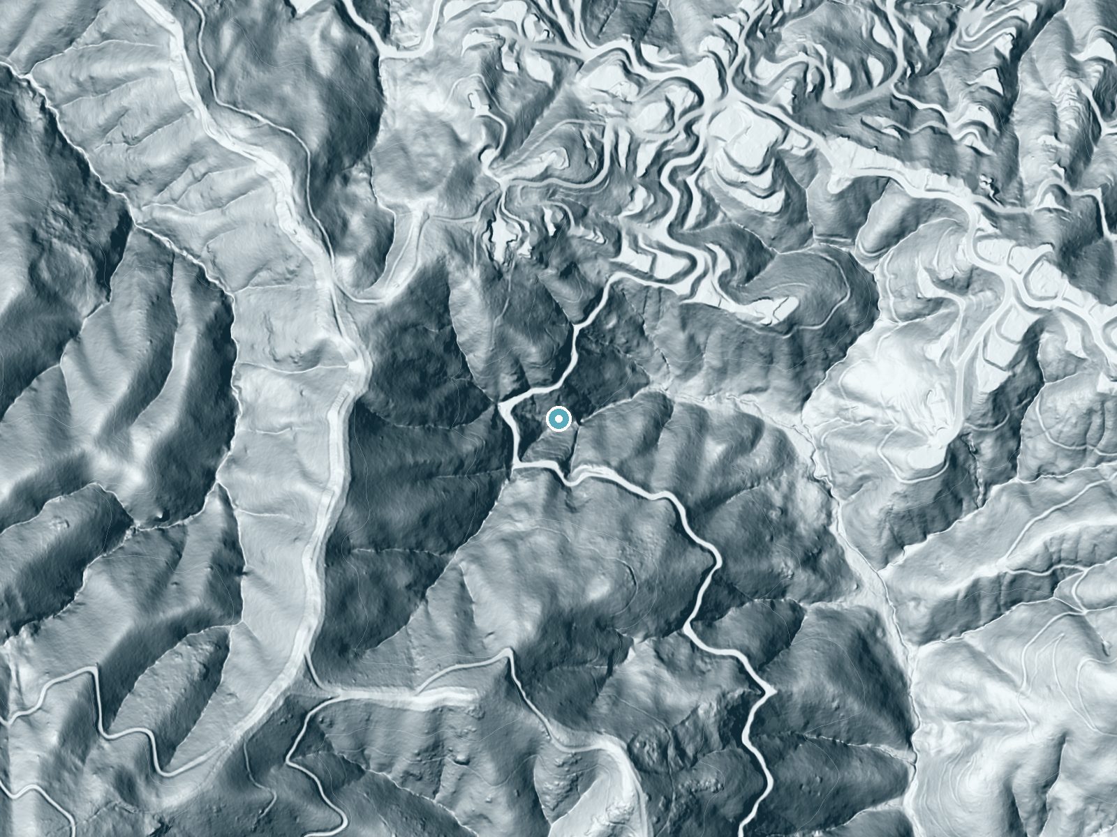 LiDAR bare-earth terrain around Dawn Falls near Kentfield, California, showing about 252 feet of drop, a steep tiered drop, facing east