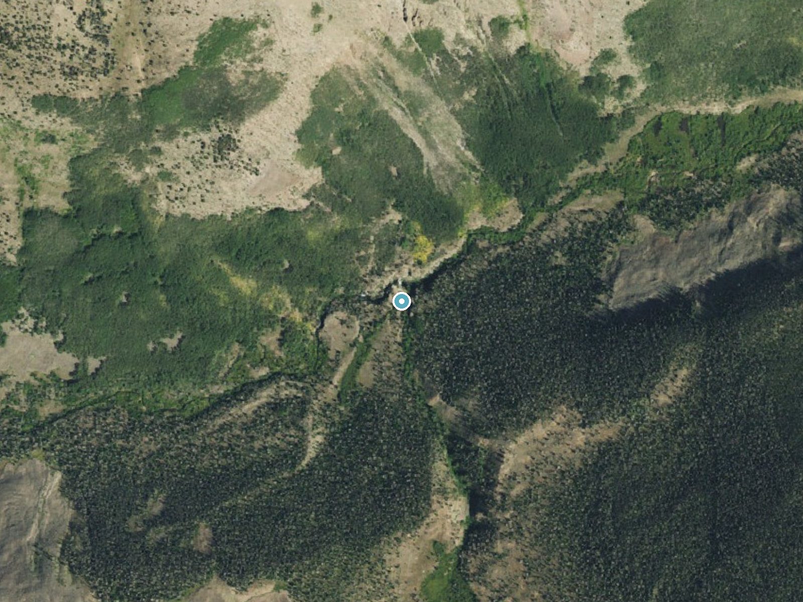 Aerial photo of the same ground around Saguache Falls near City of Creede, Colorado, for comparison with the lidar view