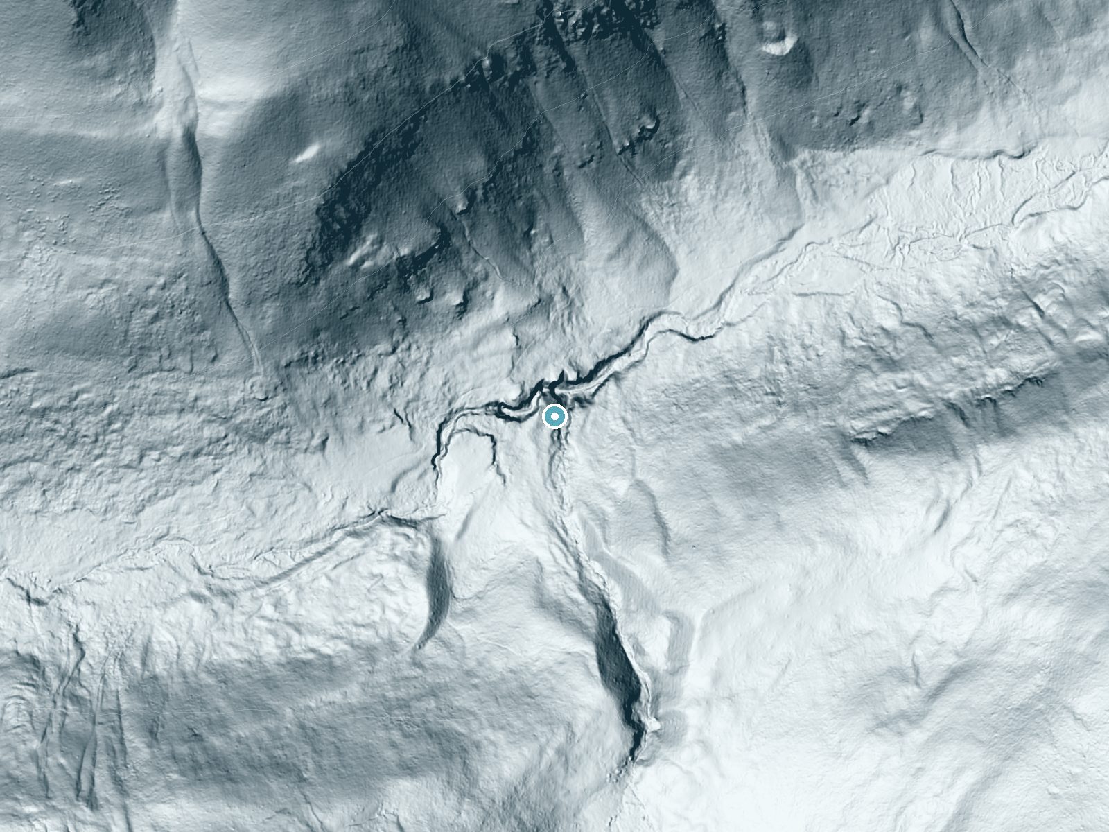 LiDAR bare-earth terrain around Saguache Falls near City of Creede, Colorado, showing about 126 feet of drop, a steep tiered drop, facing northeast