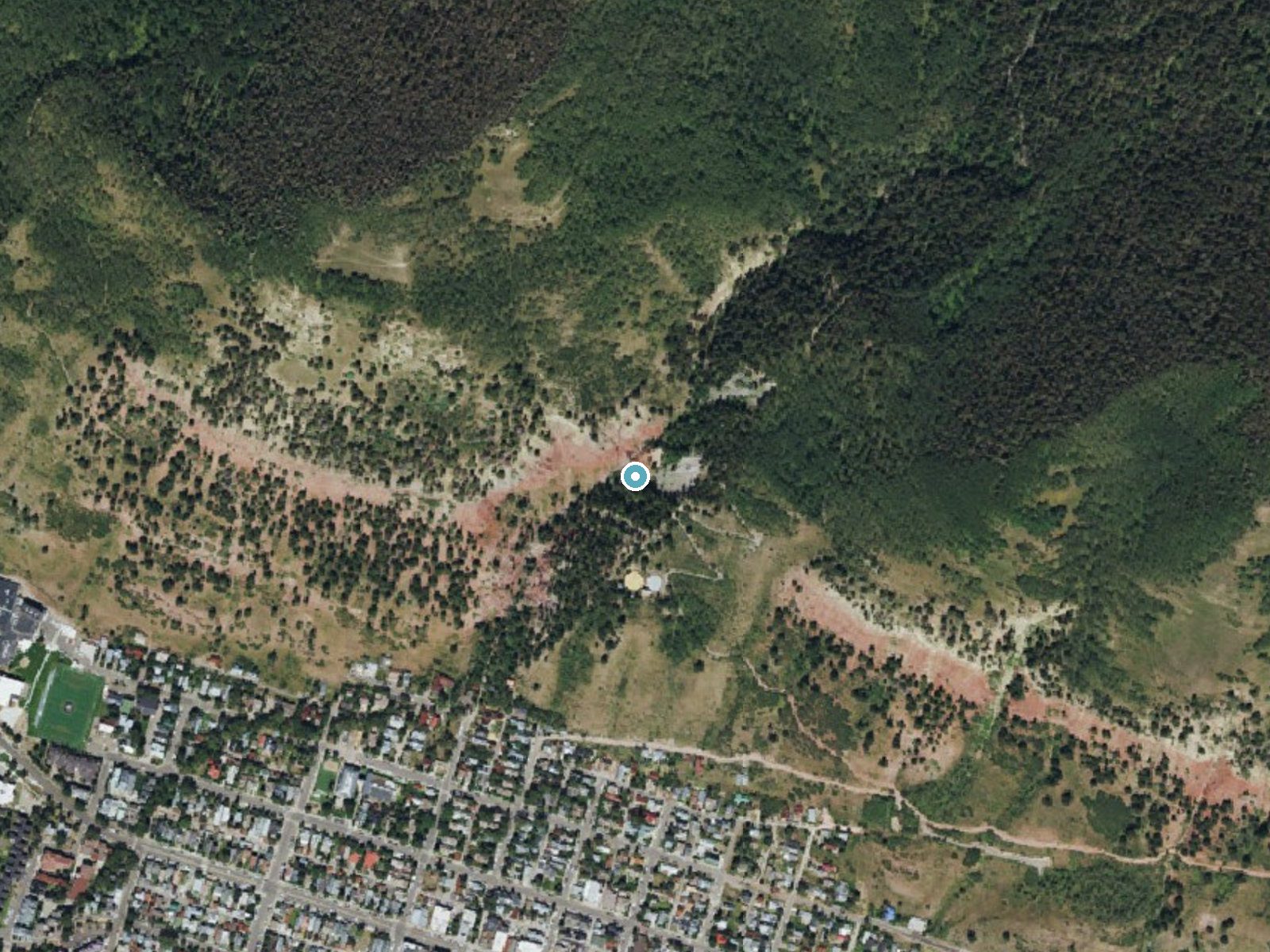 Aerial photo of the same ground around Cornet Falls near Telluride, Colorado, for comparison with the lidar view