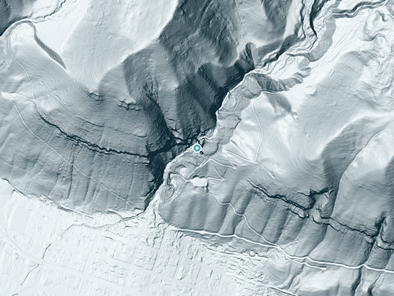 LiDAR bare-earth terrain around Cornet Falls near Telluride, Colorado, showing about 360 feet of drop, a single sheer drop, facing southwest