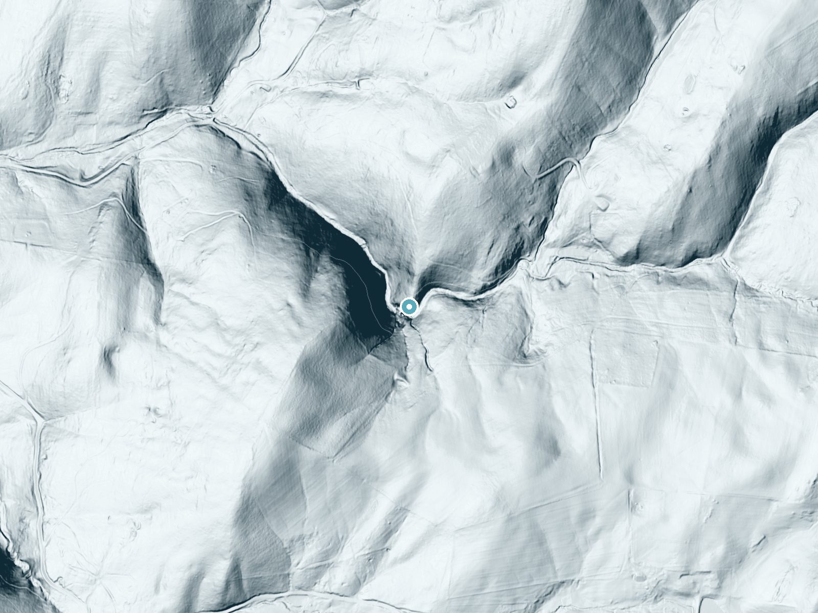 LiDAR bare-earth terrain around Gibbs Falls near Fairfield, Virginia, showing about 131 feet of drop, a steep tiered drop, facing northwest