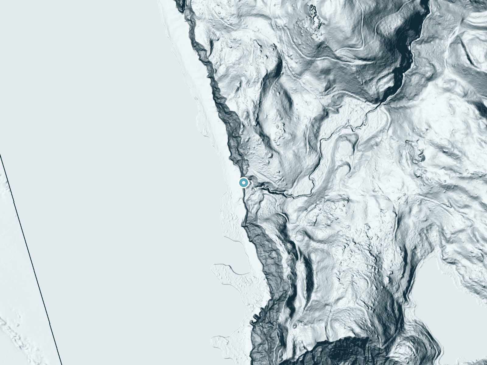 LiDAR bare-earth terrain around Alamere Falls near Bolinas, California, showing about 171 feet of drop, a steep tiered drop, facing west