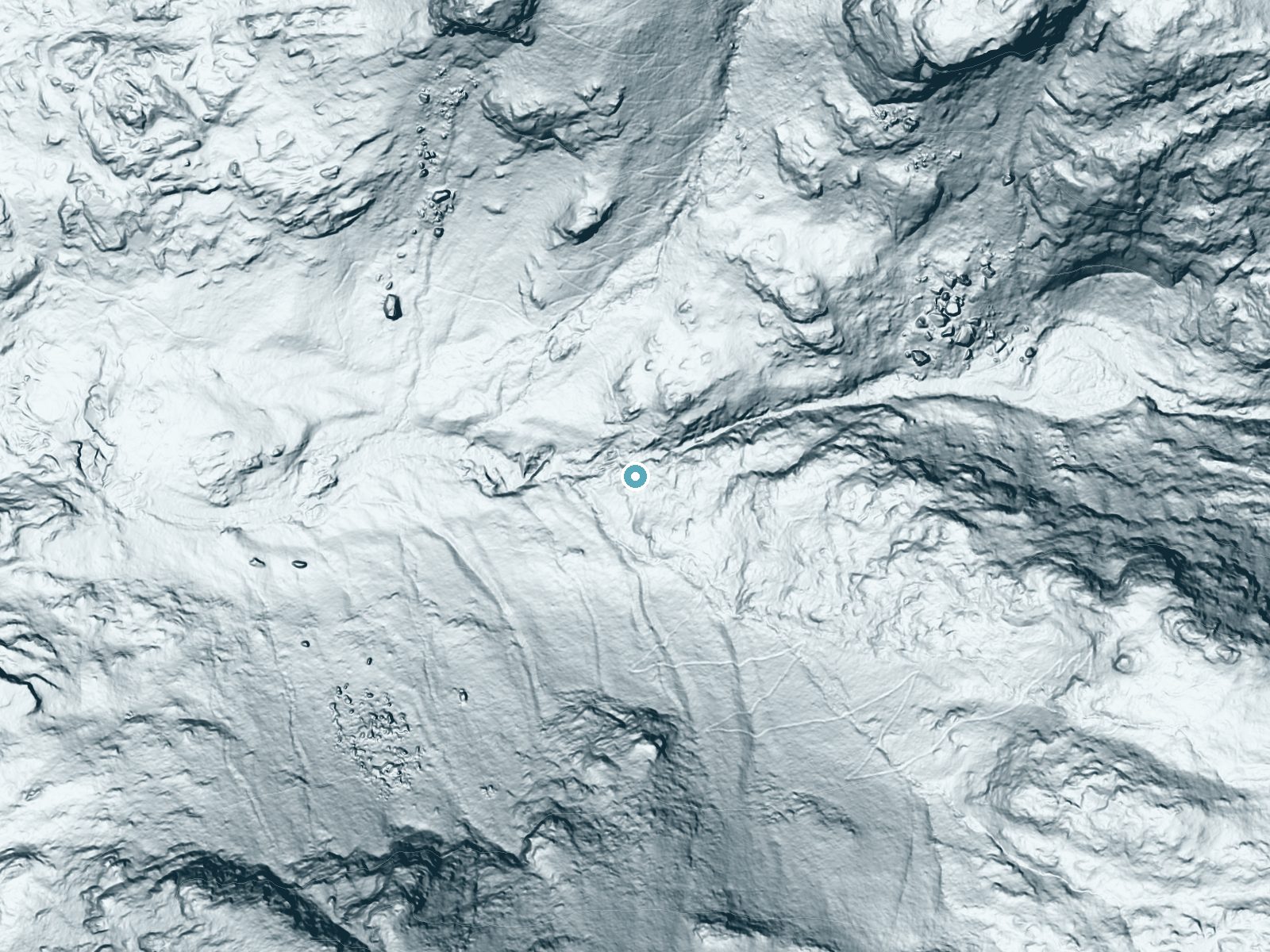 LiDAR bare-earth terrain around Rancheria Falls near Foresta, California, showing about 174 feet of drop, a long cascade, facing west
