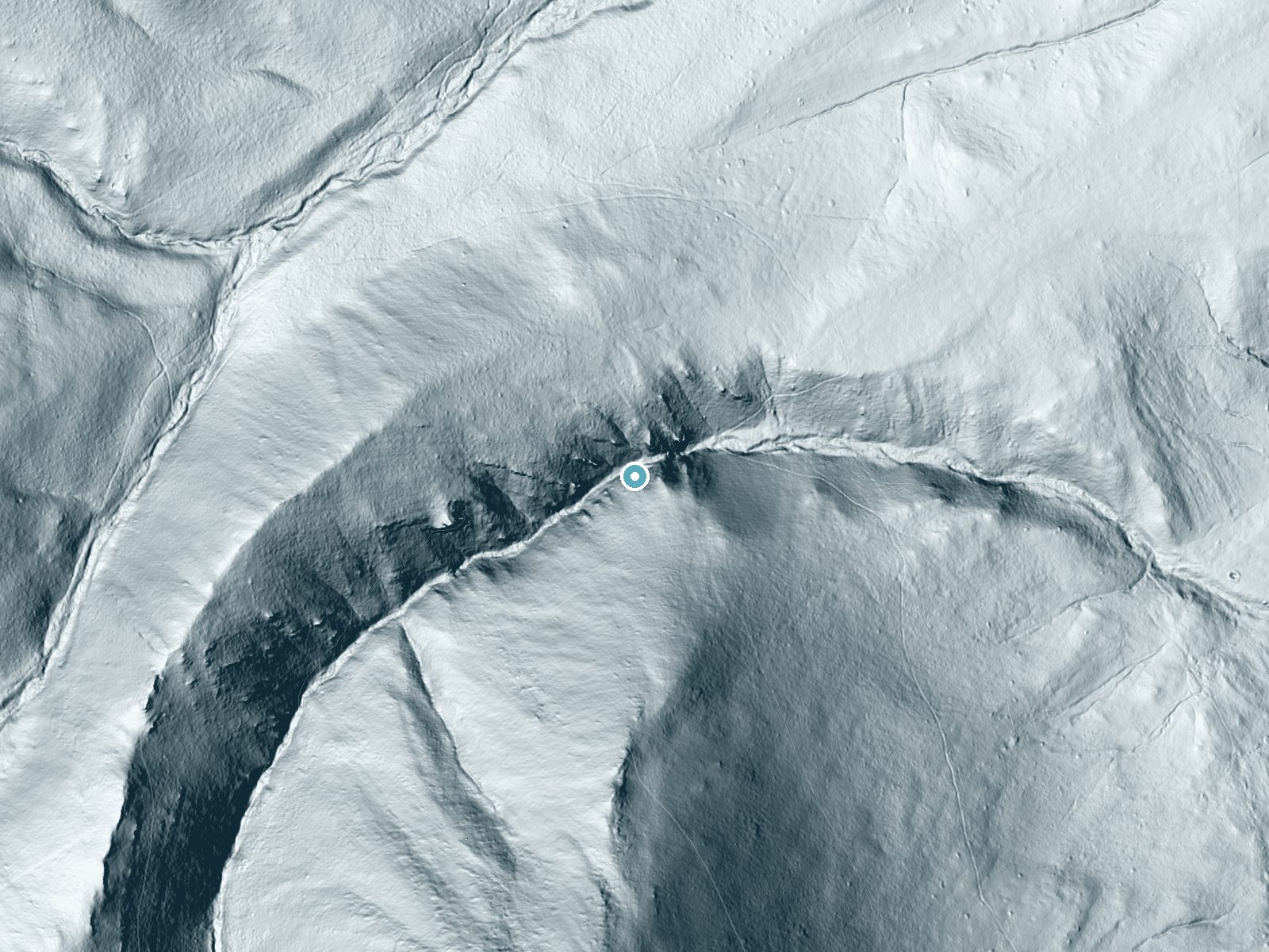 LiDAR bare-earth terrain around Crystal Falls near Westcliffe, Colorado, showing about 229 feet of drop, a steep tiered drop, facing north