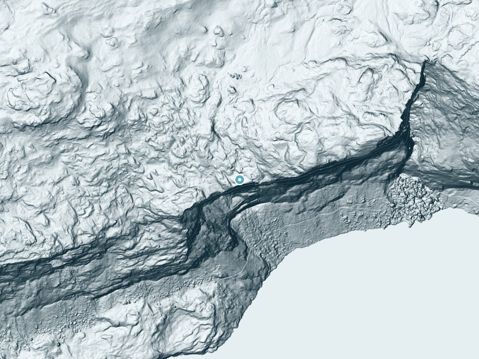 LiDAR bare-earth terrain around Tueeulala Falls near Foresta, California, showing about 812 feet of drop, a single sheer drop, facing south