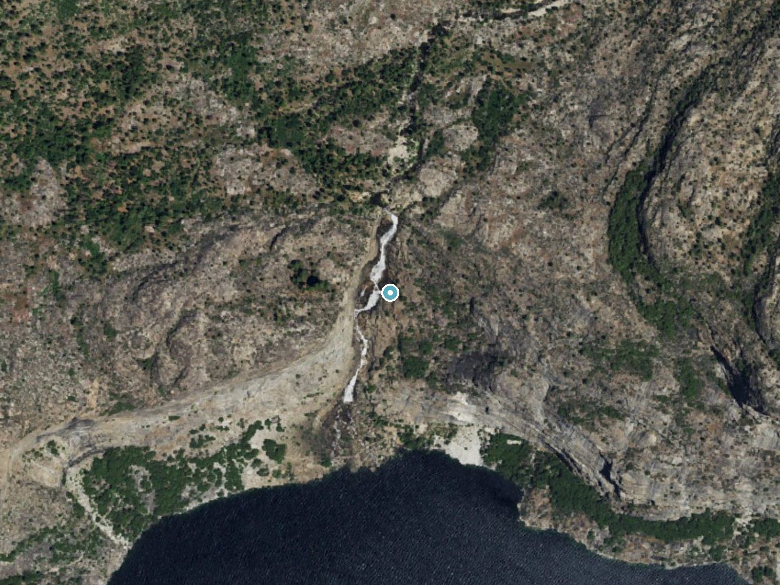 Aerial photo of the same ground around Wapama Falls near Foresta, California, for comparison with the lidar view