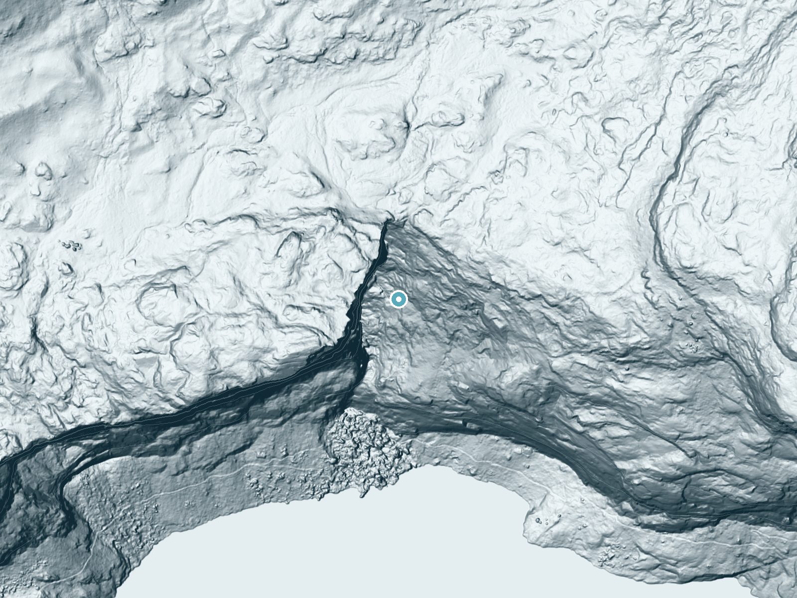 LiDAR bare-earth terrain around Wapama Falls near Foresta, California, showing about 728 feet of drop, a single sheer drop, facing southwest