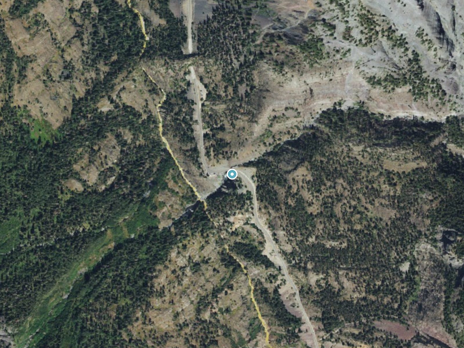 Aerial photo of the same ground around Bear Creek Falls near Ouray, Colorado, for comparison with the lidar view