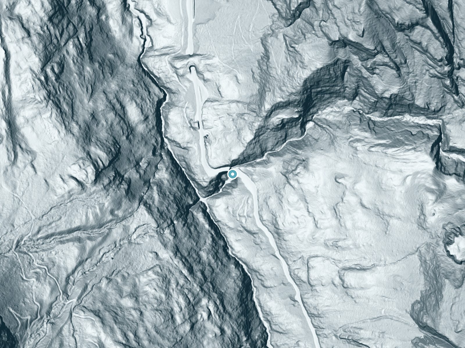 LiDAR bare-earth terrain around Bear Creek Falls near Ouray, Colorado, showing about 367 feet of drop, a single sheer drop, facing southwest