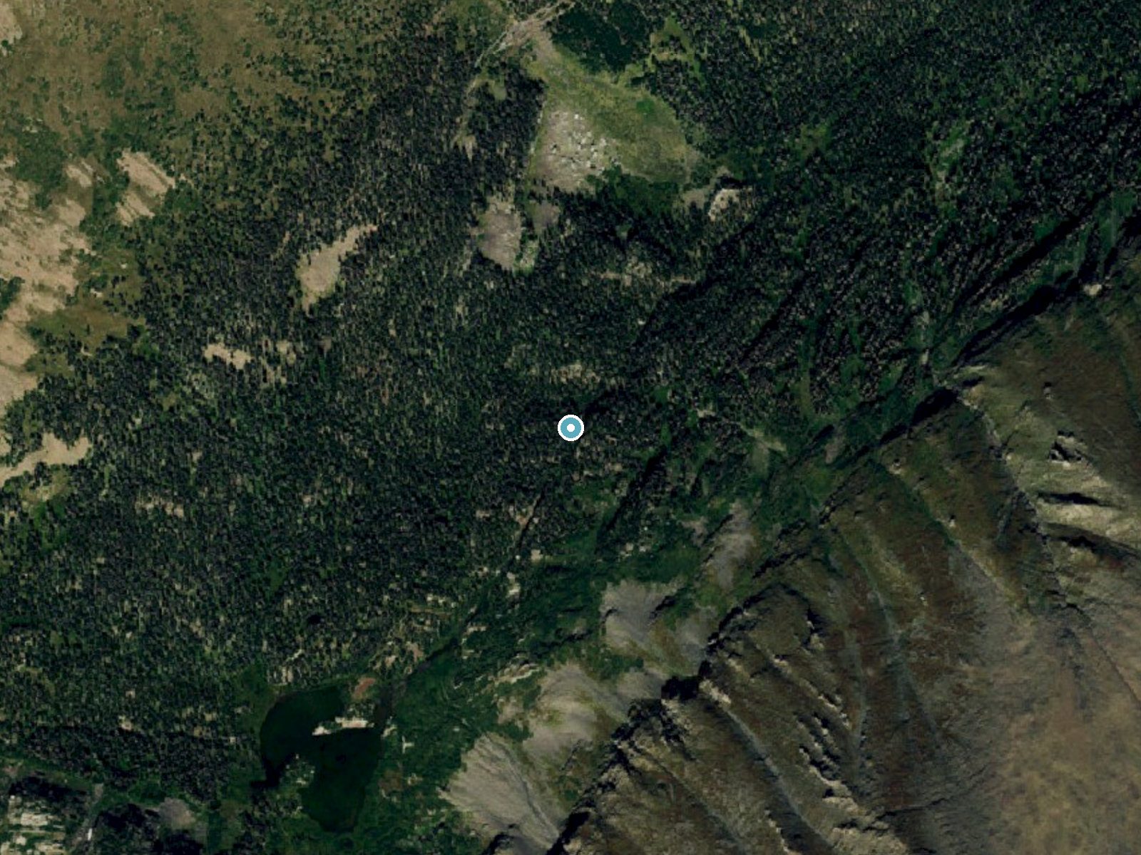 Aerial photo of the same ground around Macey Falls near Crestone, Colorado, for comparison with the lidar view