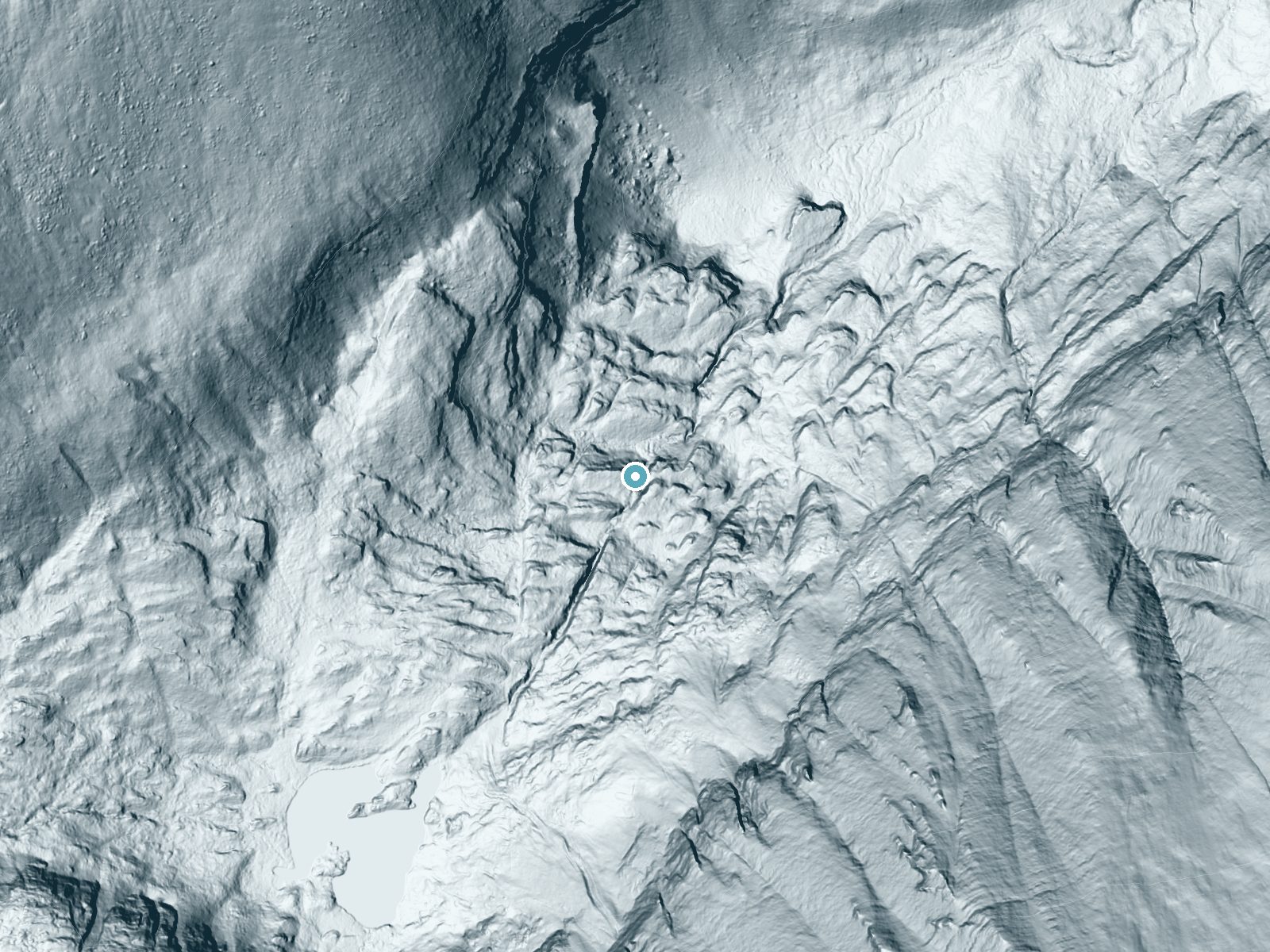 LiDAR bare-earth terrain around Macey Falls near Crestone, Colorado, showing about 123 feet of drop, a steep tiered drop, facing north