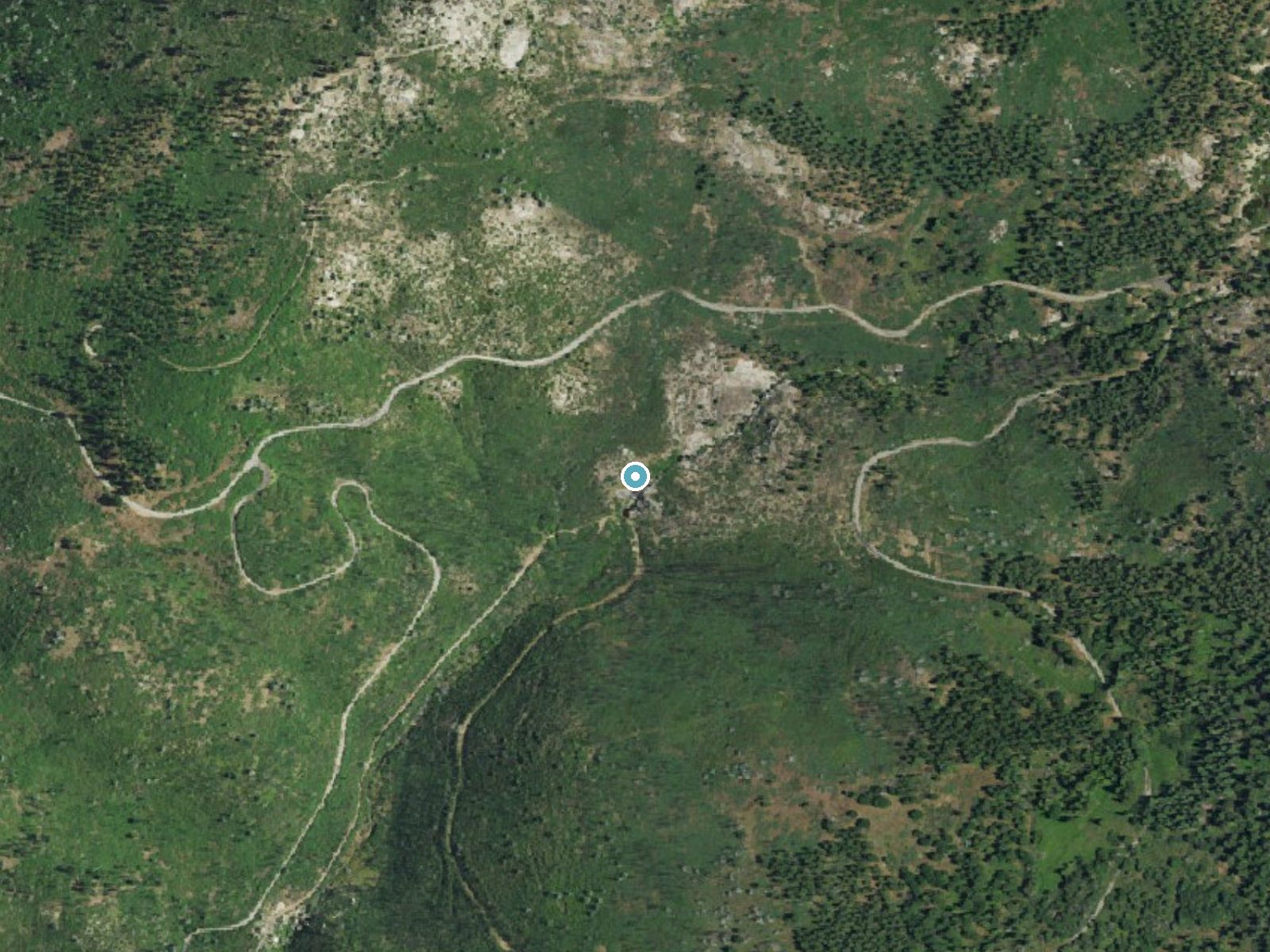 Aerial photo of the same ground around Jawbone Falls near Long Barn, California, for comparison with the lidar view