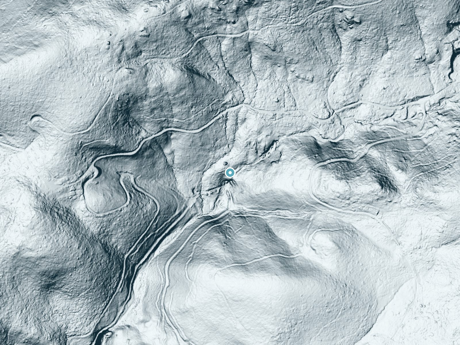 LiDAR bare-earth terrain around Jawbone Falls near Long Barn, California, showing about 115 feet of drop, a steep tiered drop, facing southwest