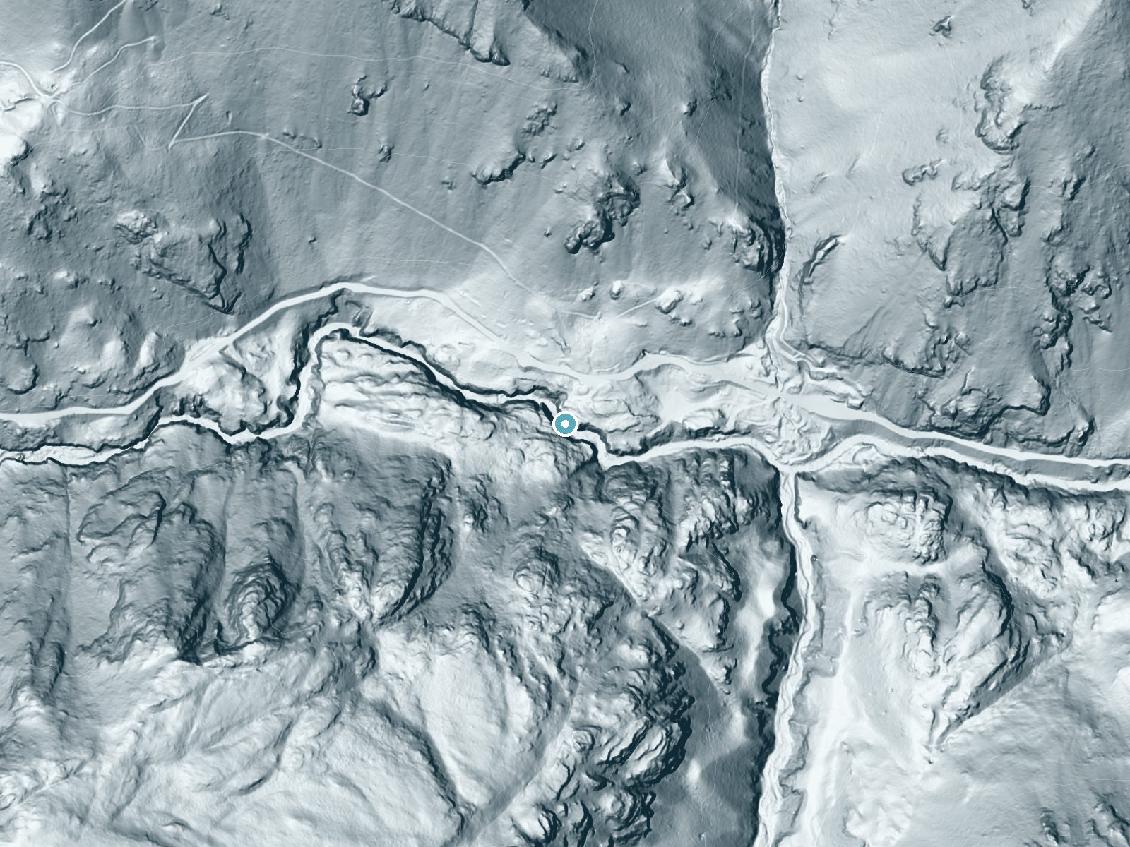 LiDAR bare-earth terrain around Treasure Falls near Lake City, Colorado, showing about 170 feet of drop, a steep tiered drop, facing east