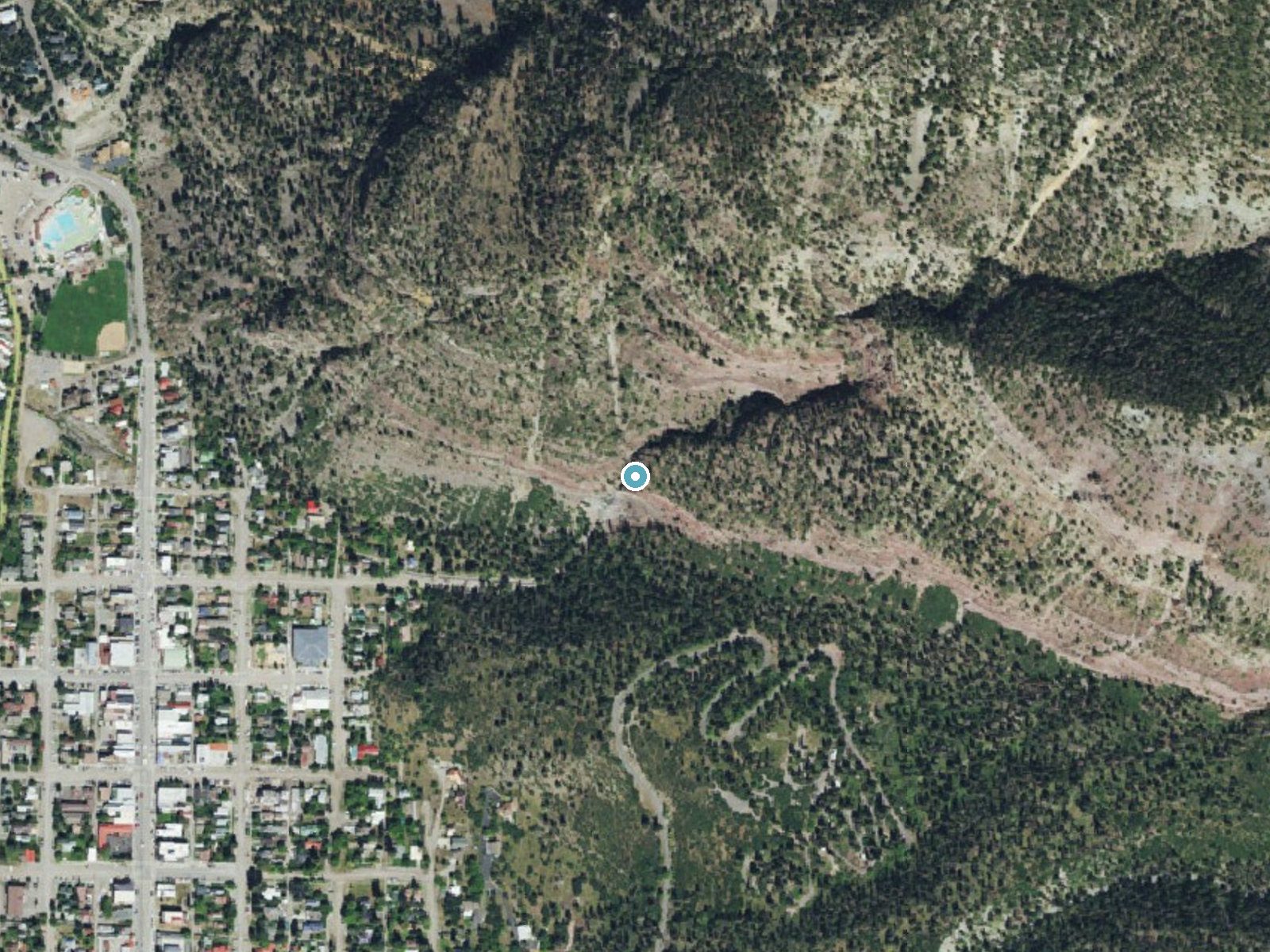 Aerial photo of the same ground around Cascade Falls near Ouray, Colorado, for comparison with the lidar view
