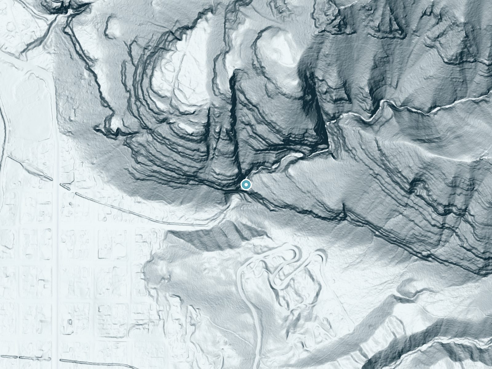 LiDAR bare-earth terrain around Cascade Falls near Ouray, Colorado, showing about 518 feet of drop, a single sheer drop, facing south