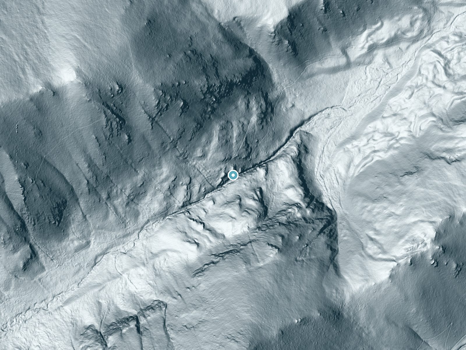 LiDAR bare-earth terrain around Venable Falls near Crestone, Colorado, showing about 247 feet of drop, a steep tiered drop, facing east