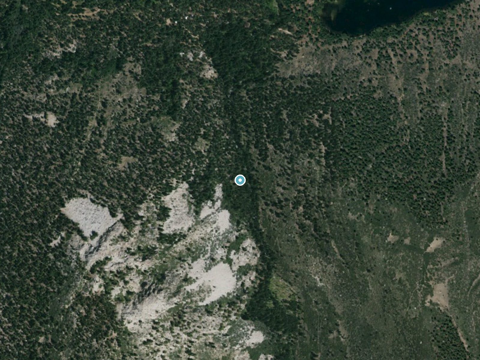 Aerial photo of the same ground around Horsetail Falls near Twin Lakes, California, for comparison with the lidar view