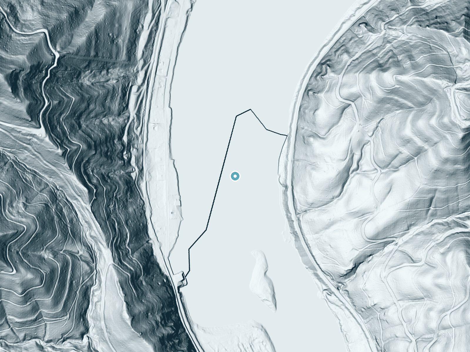 LiDAR bare-earth terrain around Kanawha Falls near Glen Ferris, West Virginia, showing about 26 feet of drop, a long cascade, facing east
