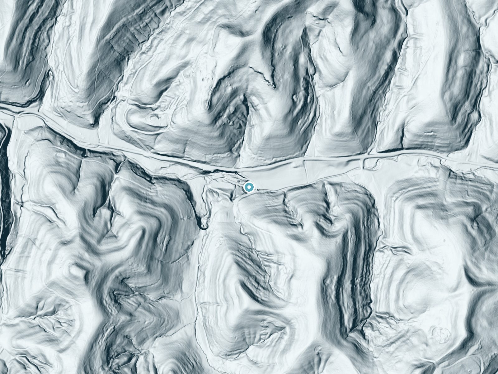 LiDAR bare-earth terrain around Caney Falls near Blaine, Kentucky, showing about 84 feet of drop, a long cascade, facing northwest
