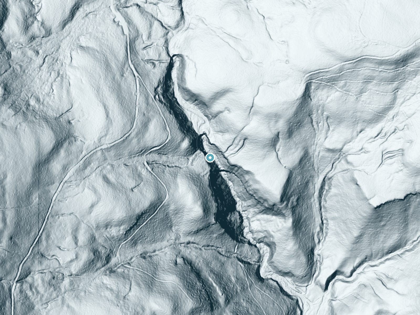 LiDAR bare-earth terrain around Falls of Hills Creek near Hillsboro, West Virginia, showing about 219 feet of drop, a steep tiered drop, facing east