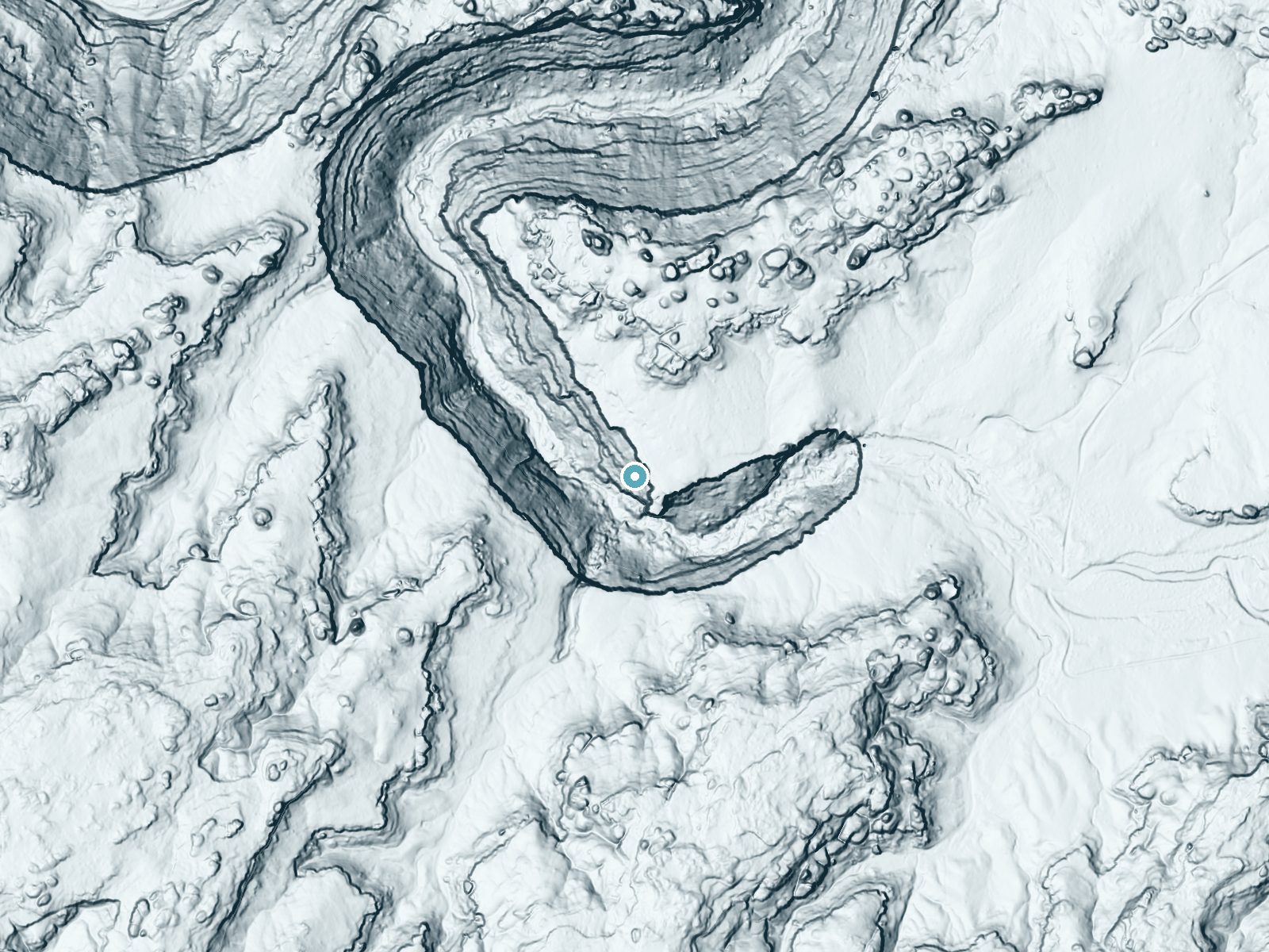 LiDAR bare-earth terrain around Lower Jump near La Sal, Utah, showing about 293 feet of drop, a single sheer drop, facing southwest