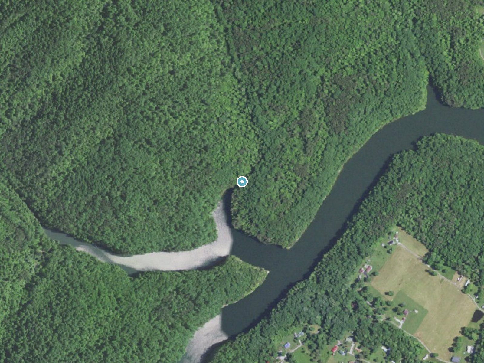 Aerial photo of the same ground around Lick Falls near Sandy Hook, Kentucky, for comparison with the lidar view