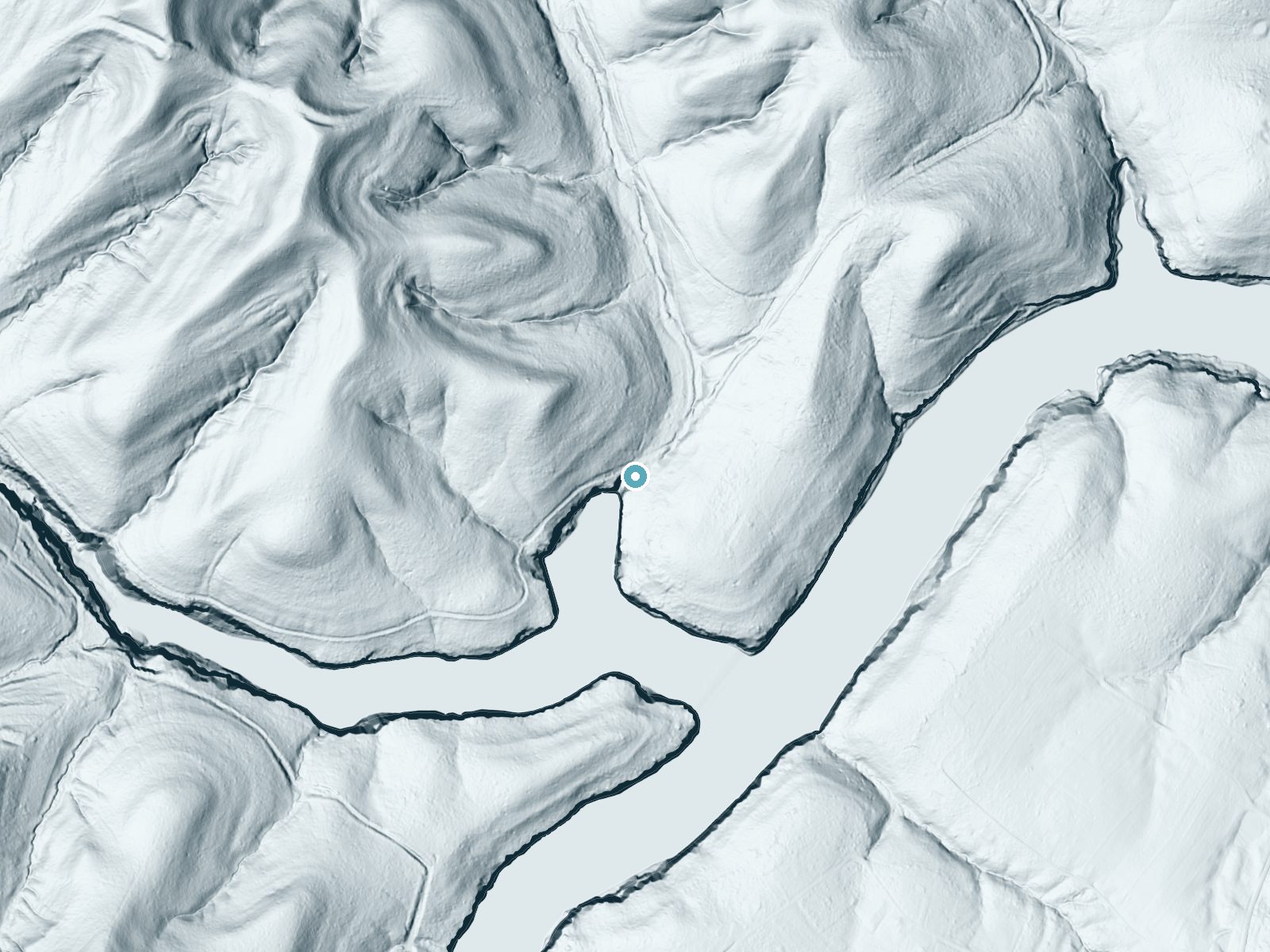 LiDAR bare-earth terrain around Lick Falls near Sandy Hook, Kentucky, showing about 125 feet of drop, a steep tiered drop, facing south