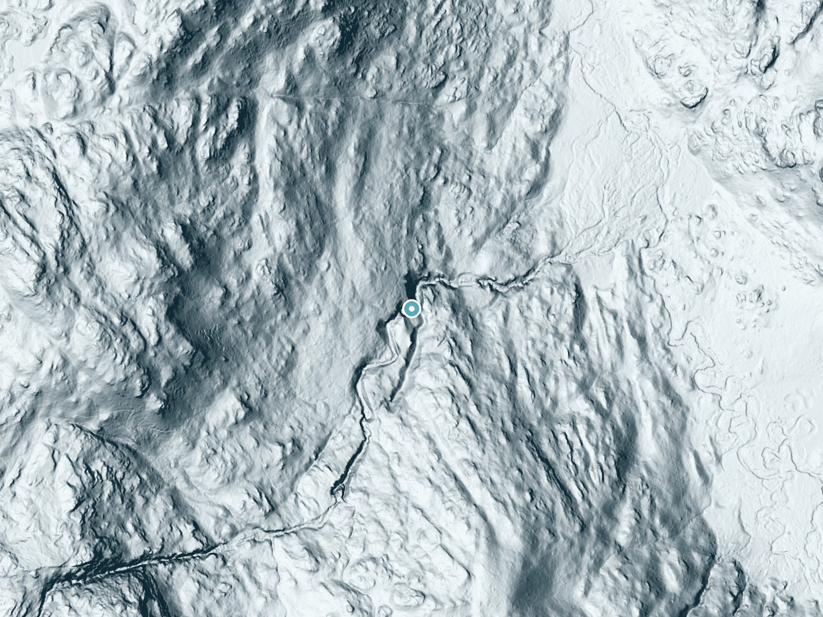 LiDAR bare-earth terrain around Cascade Falls near Twin Lakes, California, showing about 169 feet of drop, a steep tiered drop, facing east