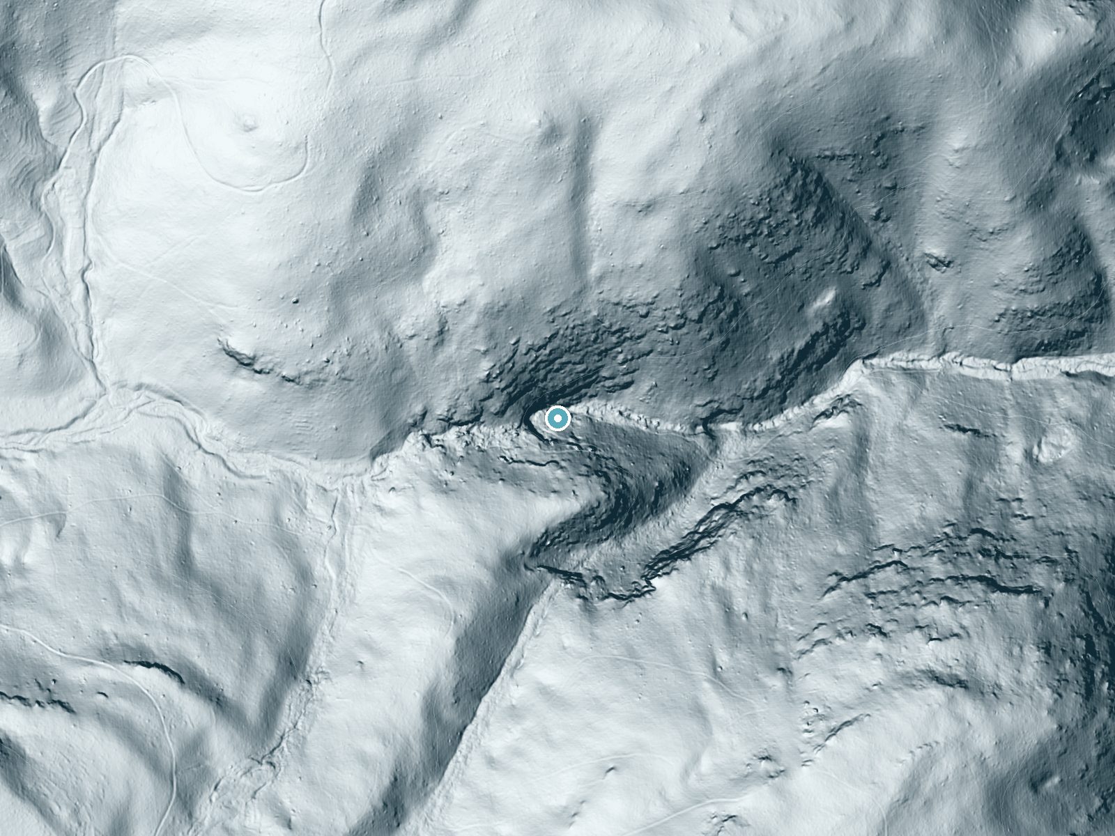 LiDAR bare-earth terrain around Jones Run Falls near Harriston, Virginia, showing about 208 feet of drop, a steep tiered drop, facing east
