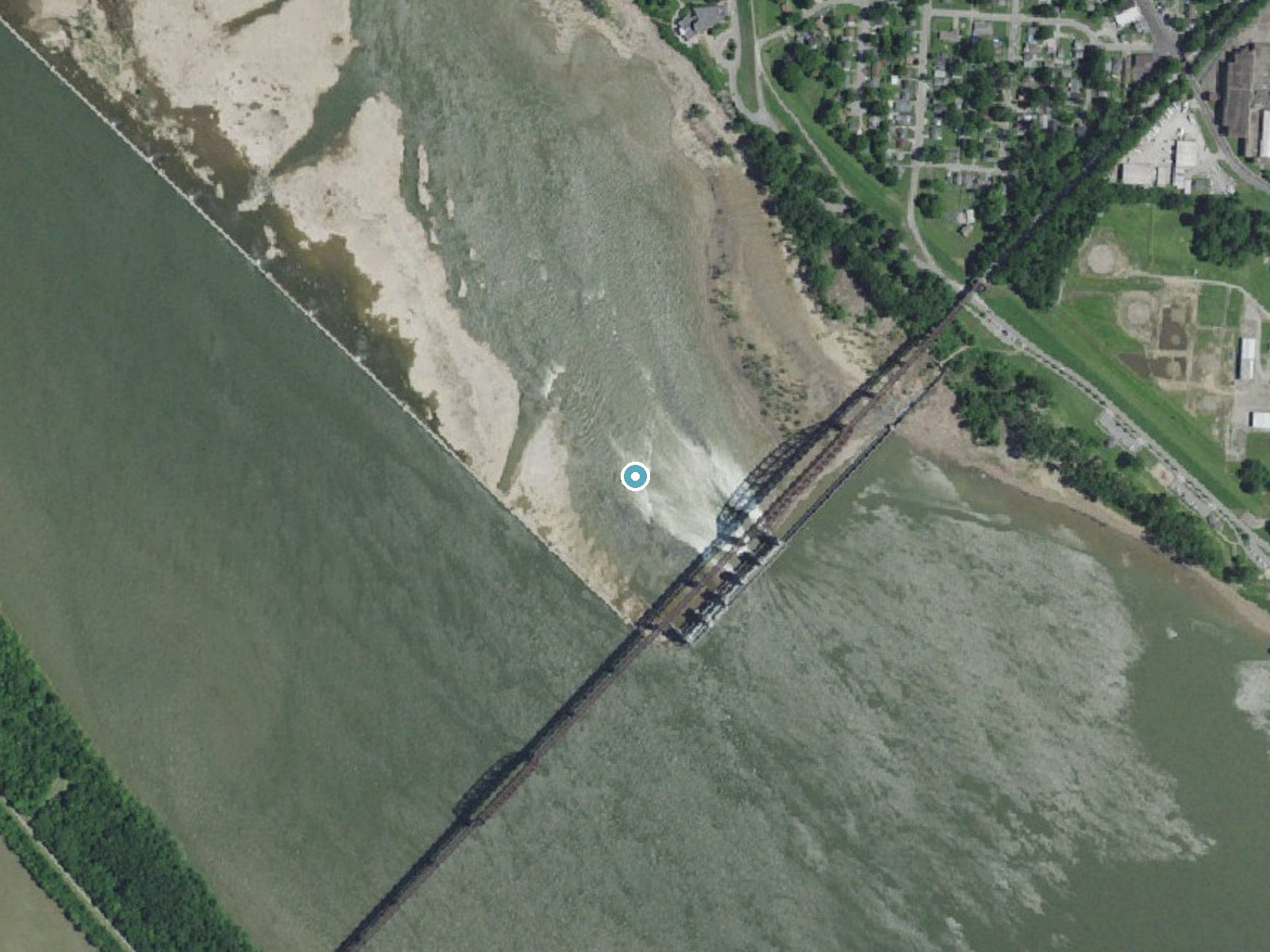 Aerial photo of the same ground around Falls of the Ohio near Clarksville, Kentucky, for comparison with the lidar view